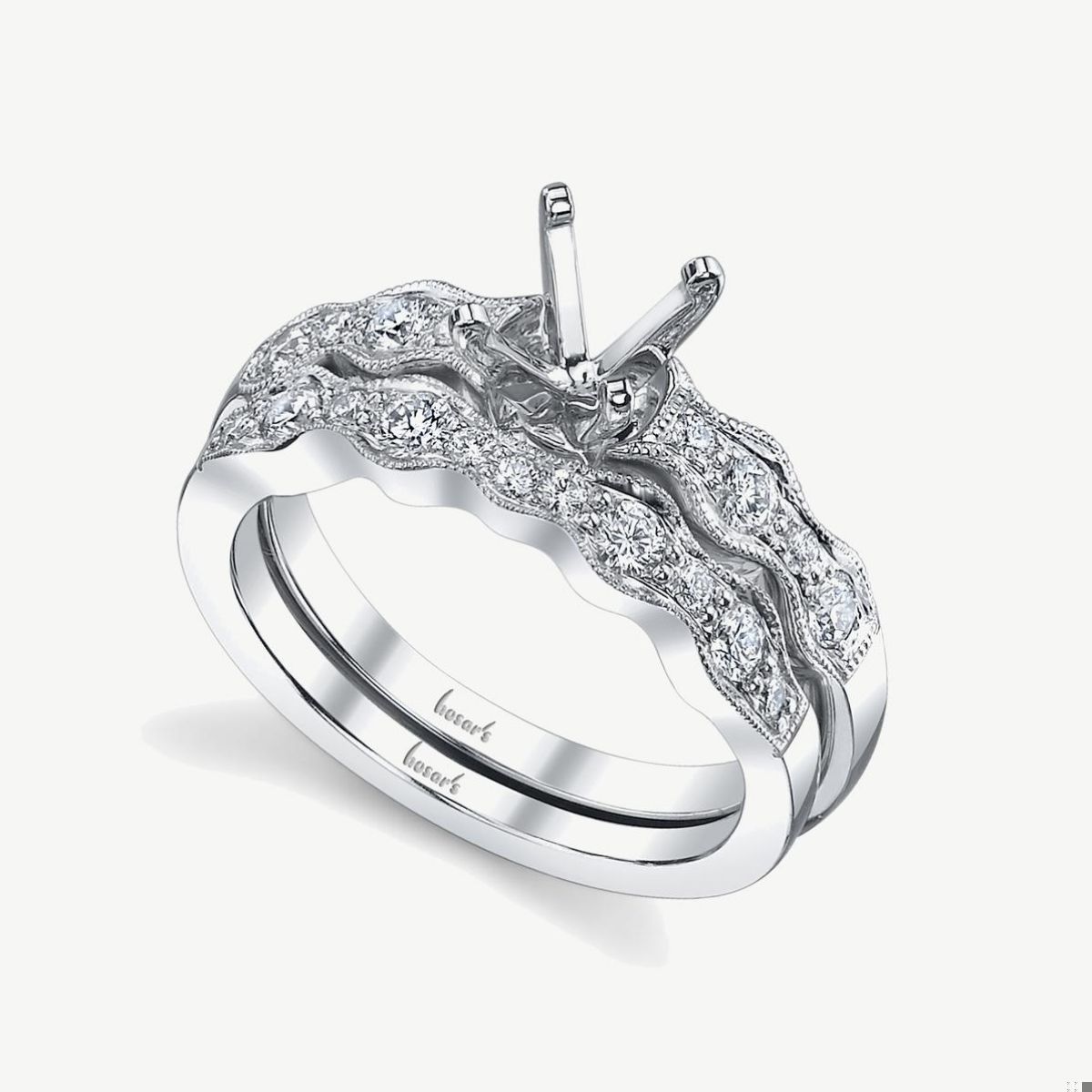 Picture of 14K White Gold Scalloped Peg Head Ring with Prong Set Round Diamonds and Milgrain Edges