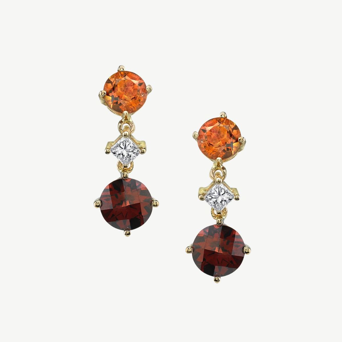 Picture of 14K Yellow Gold Pyrope Garnet, Citrine, and Diamond Dangle Earrings with Prong Set Stones and Notched Posts