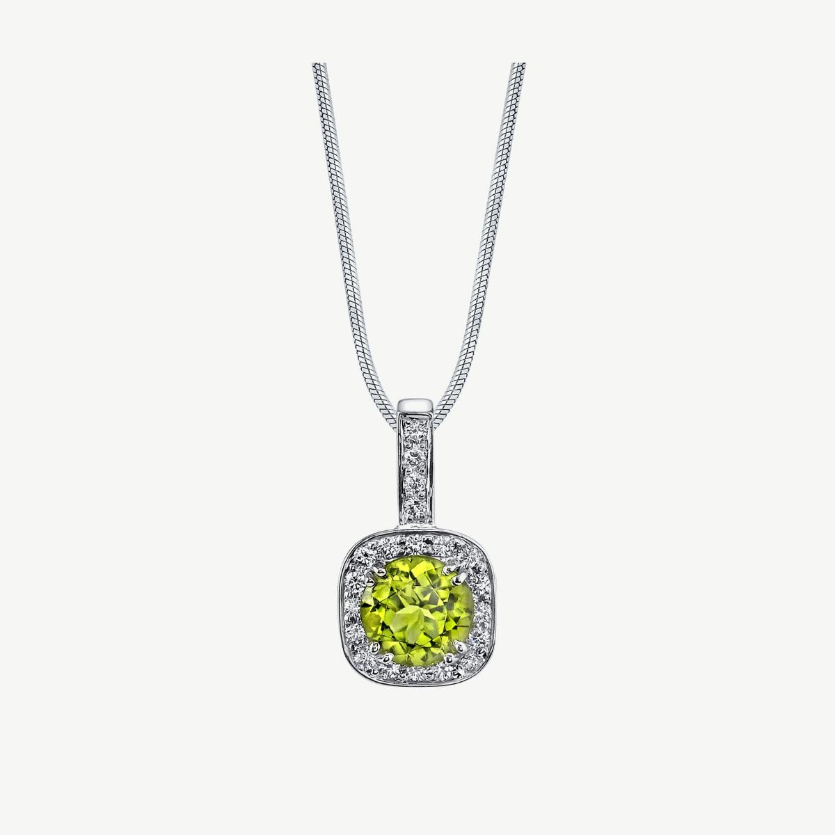 Picture of 14K White Gold Classic Cushion-Cut Peridot and Diamond Halo Pendant 