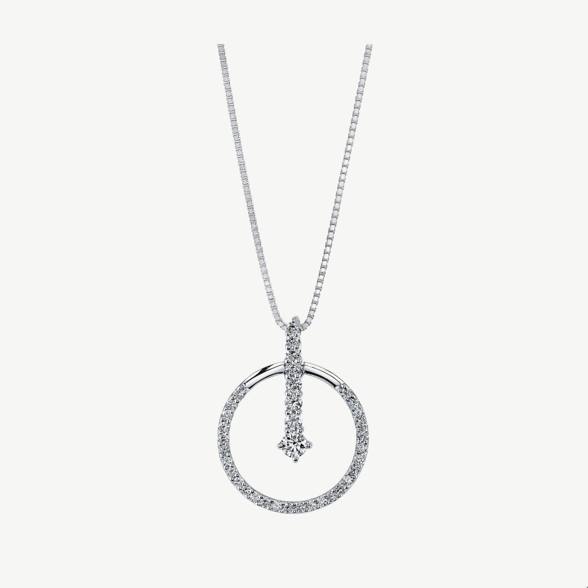 Picture of 14K White Gold Circle Pendant with Prong Set Diamonds, Larger Center Diamond, and Bar Accent, Includes Chain