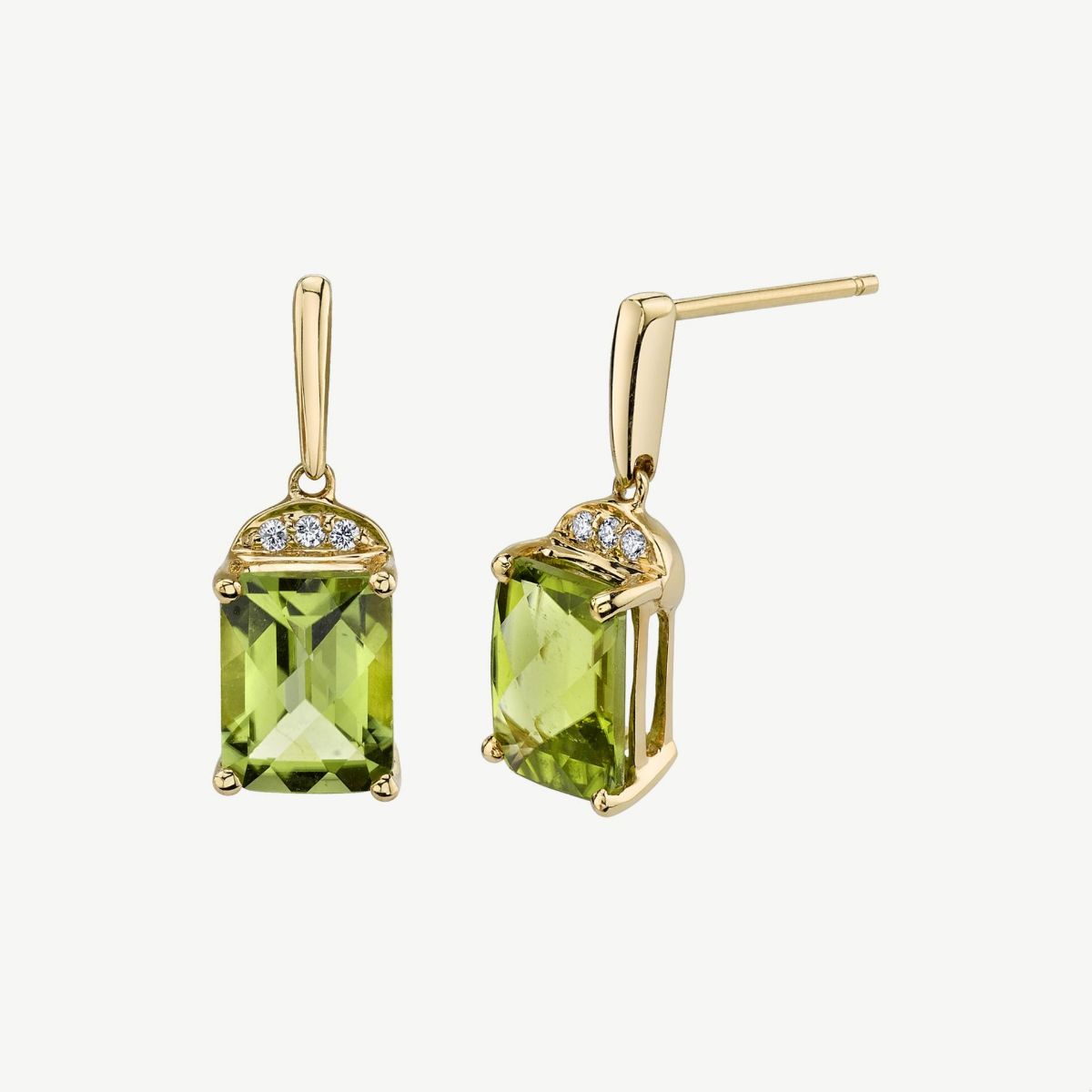 Picture of 14K Yellow Gold Peridot Emerald Cut Dangle Earrings with Prong Set Diamonds and Notched Posts