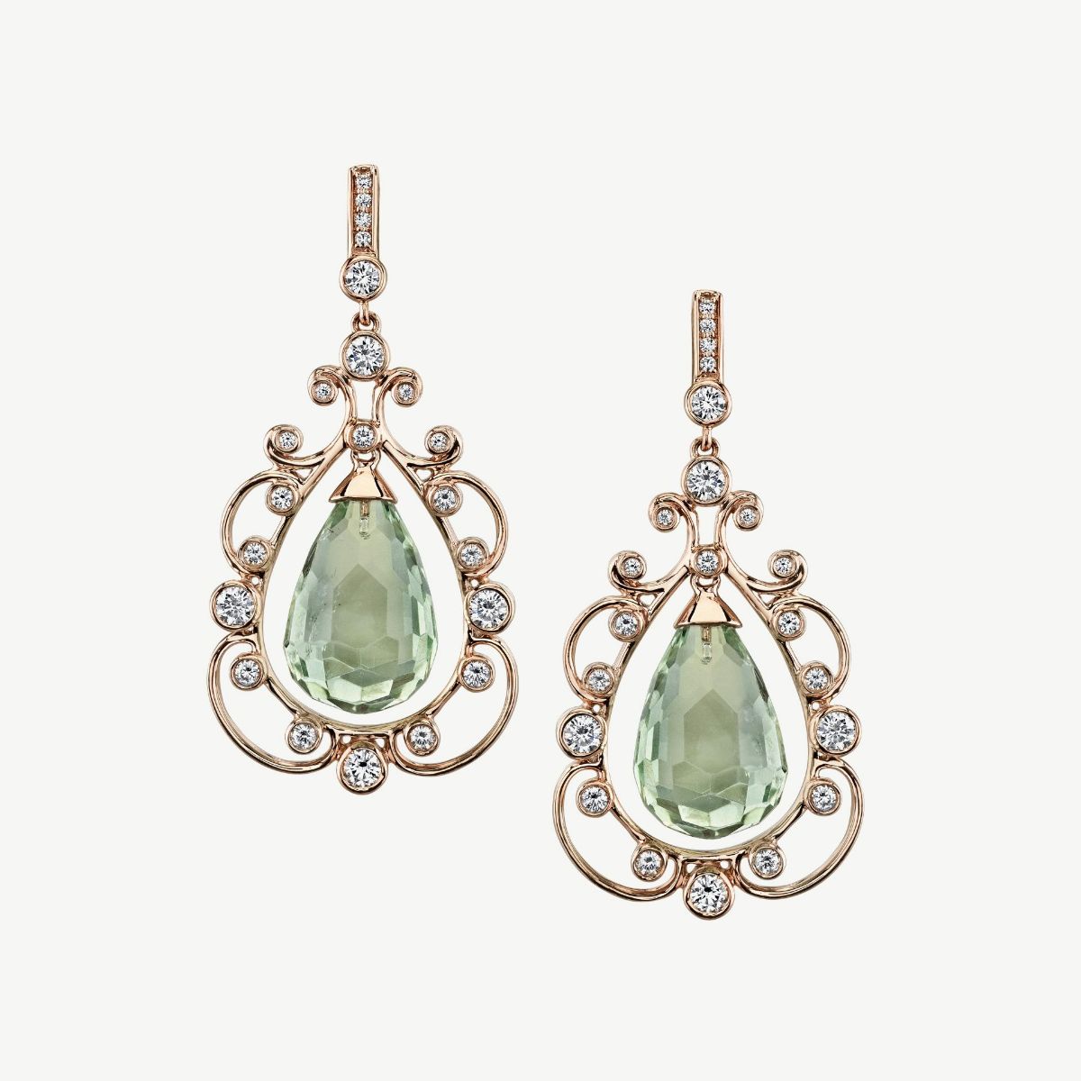 Picture of 14K White Gold Prasiolite Chandelier Earrings with Briolette and Bezel Set Accents