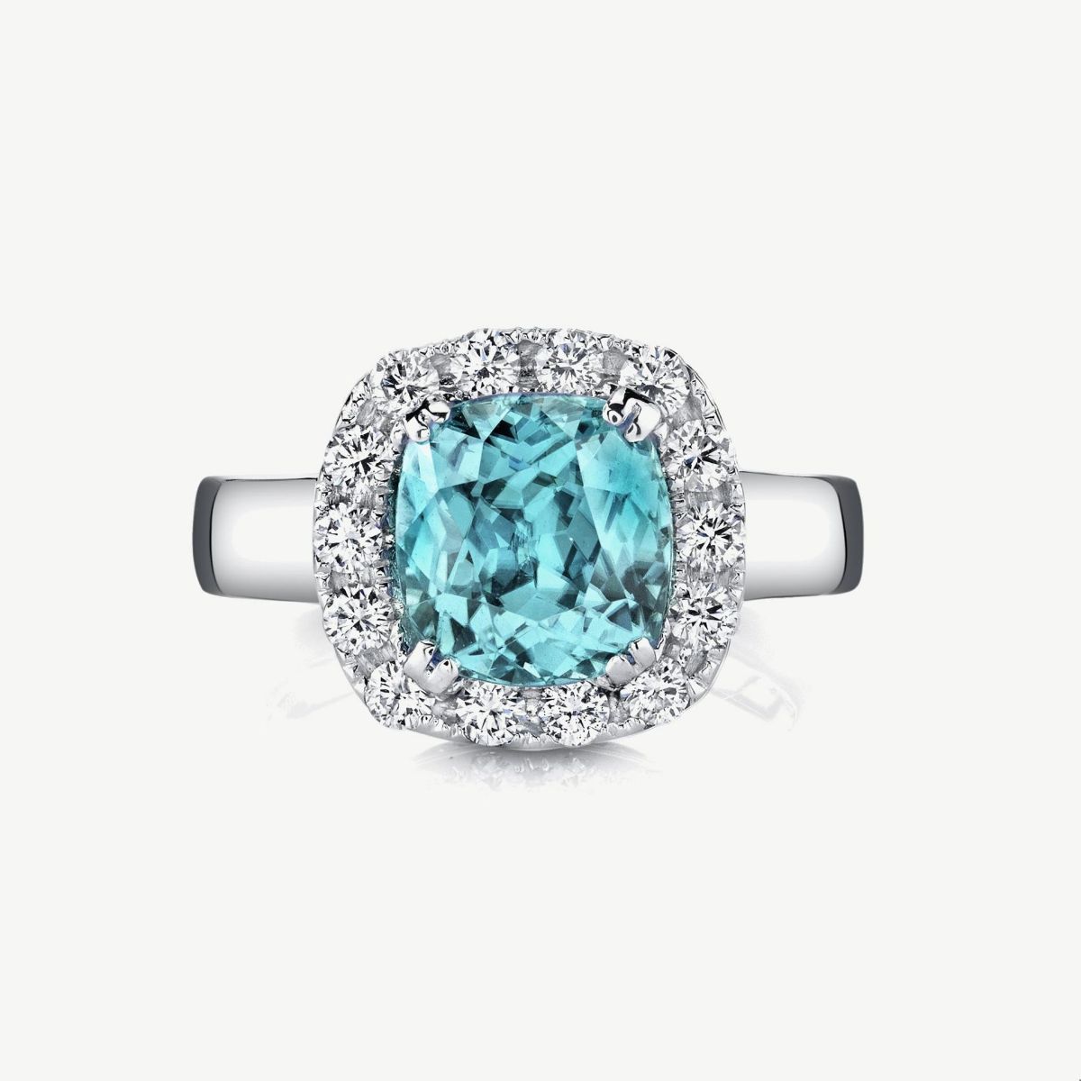 Picture of 14K White Gold Blue Zircon Cushion Cut Ring with Halo and Wide Band