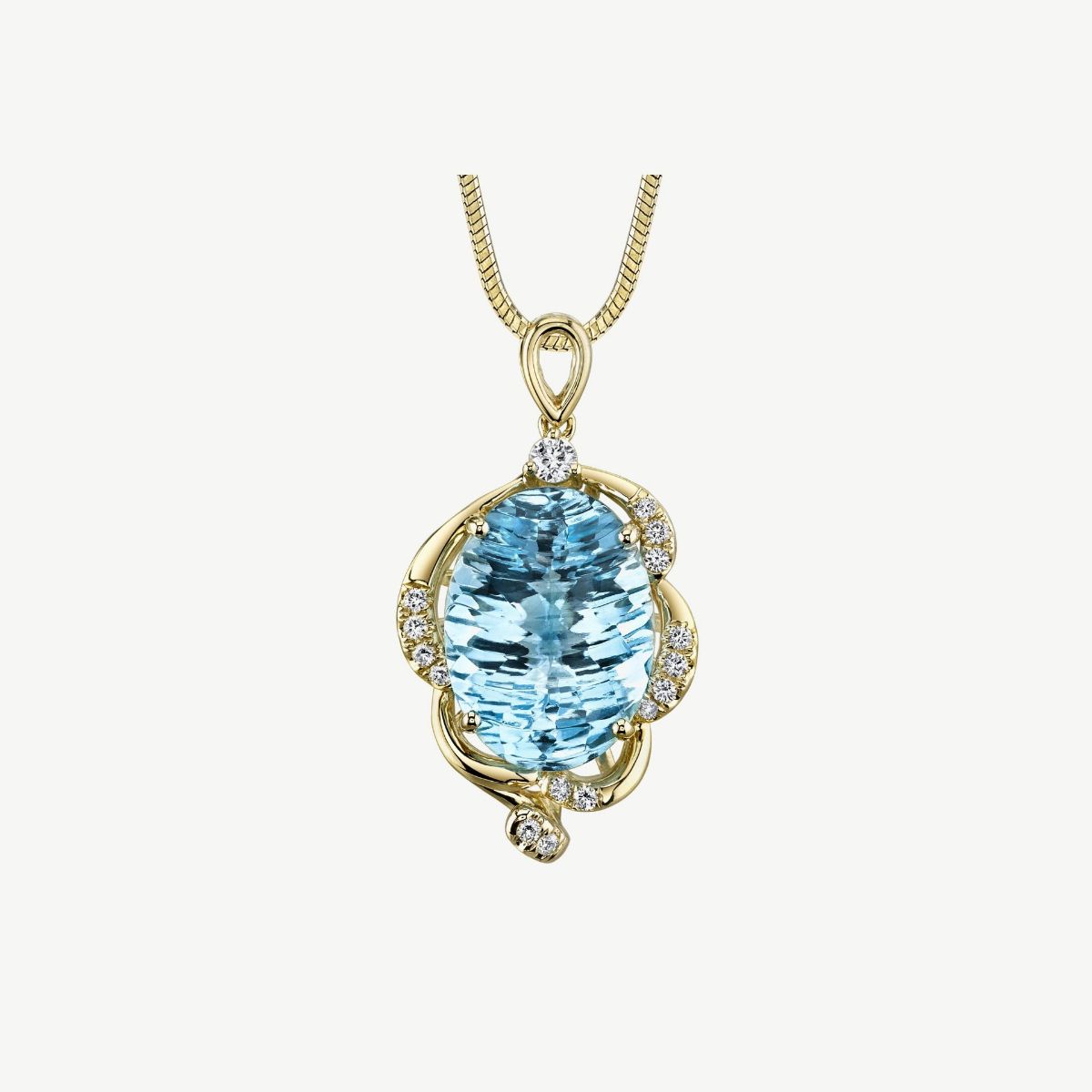 Picture of 14K Yellow Gold Distinctive Oval Blue Topaz and Swirl Diamond Accent Pendant