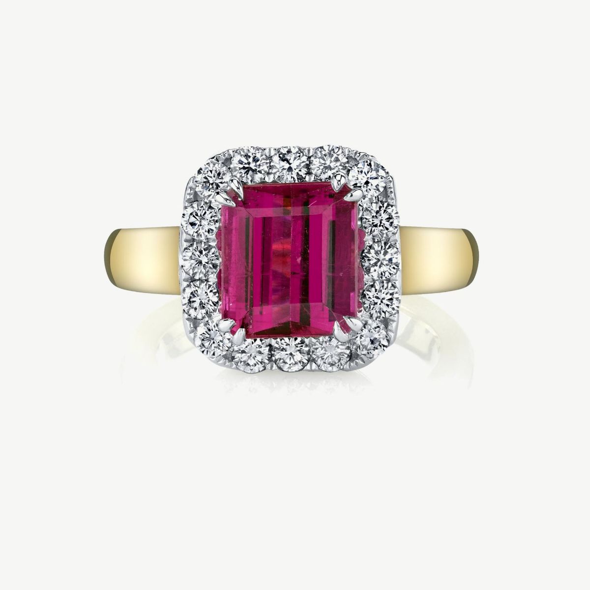 Picture of 14K Yellow and White Gold Rubellite Tourmaline Emerald Cut Ring with Halo of Round Diamonds and Heavyweight Band