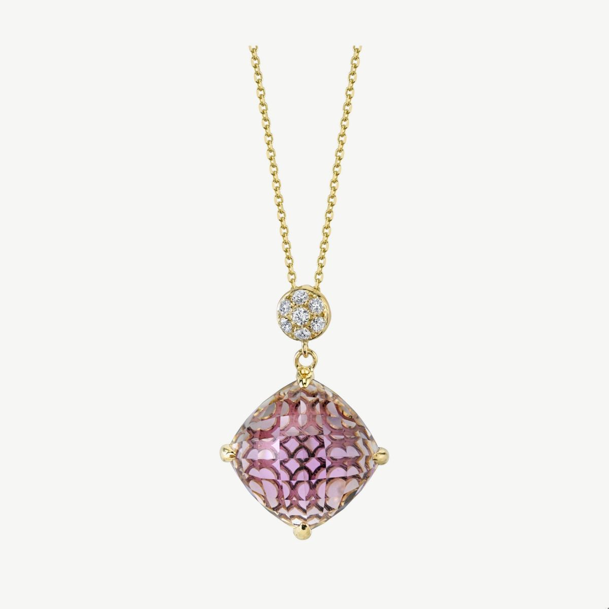 Picture of 14K White Gold Amethyst Cushion Cabochon Pendant with 4-Prong Setting, Round Bale, and Pave Set Diamonds