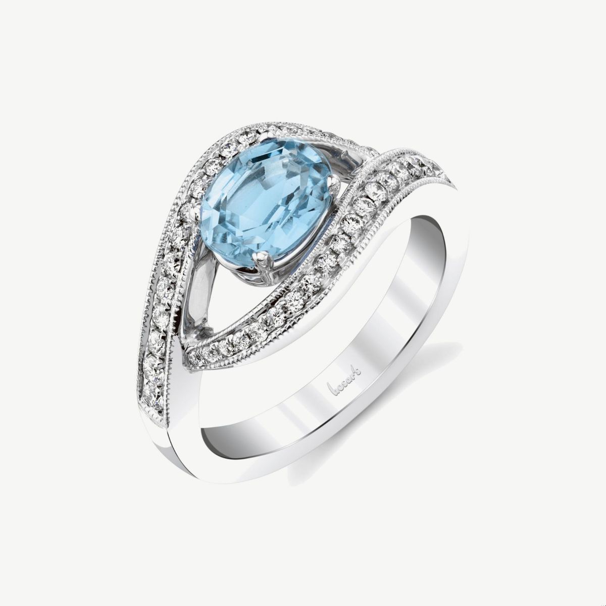 Picture of 14K White Gold Blue Topaz Bypass Ring with Open Design, Prong Set Diamonds, and Milgrain Detail