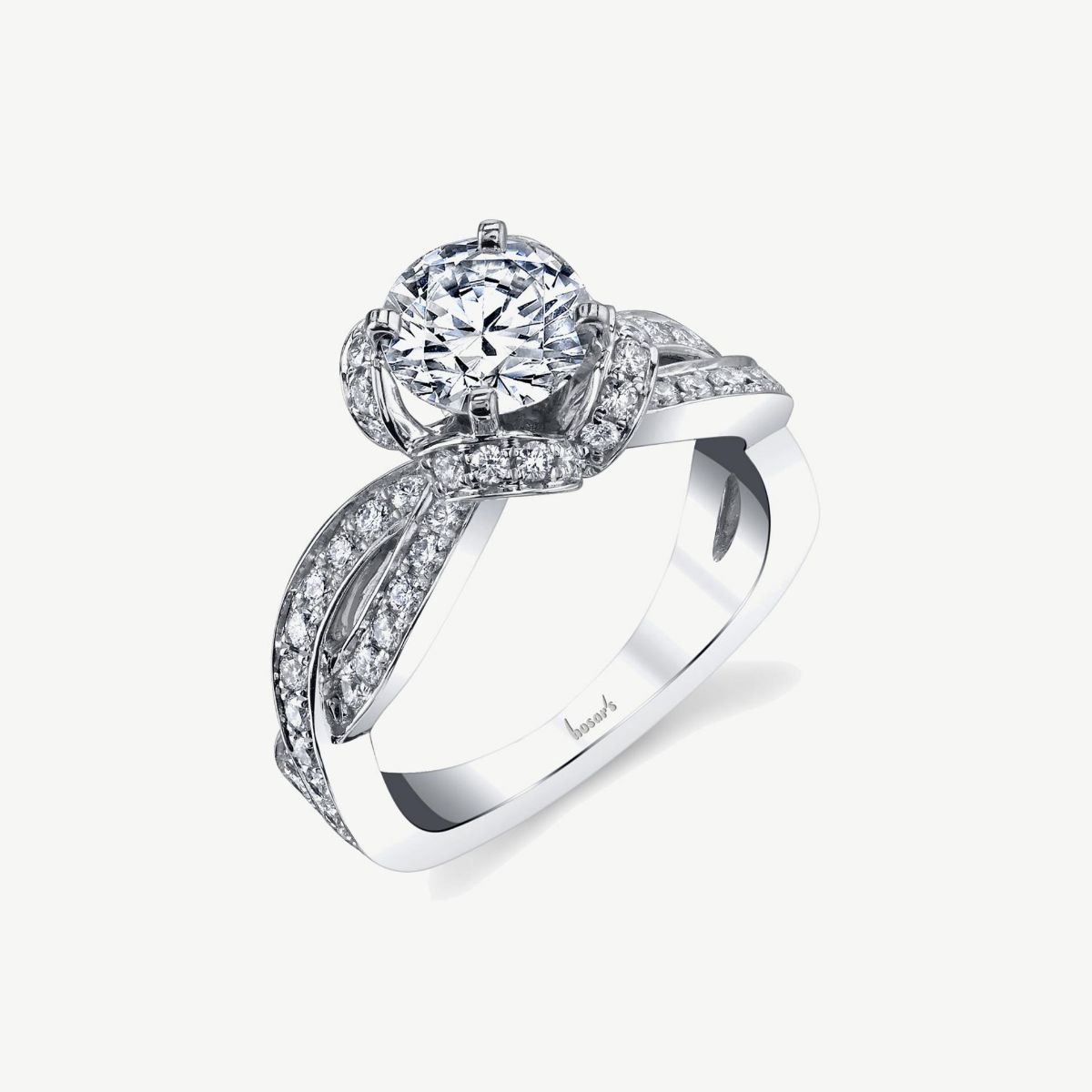 Picture of 14K White Gold Halo Ribbon Ring with Prong Set Diamonds, Infinity Shoulders