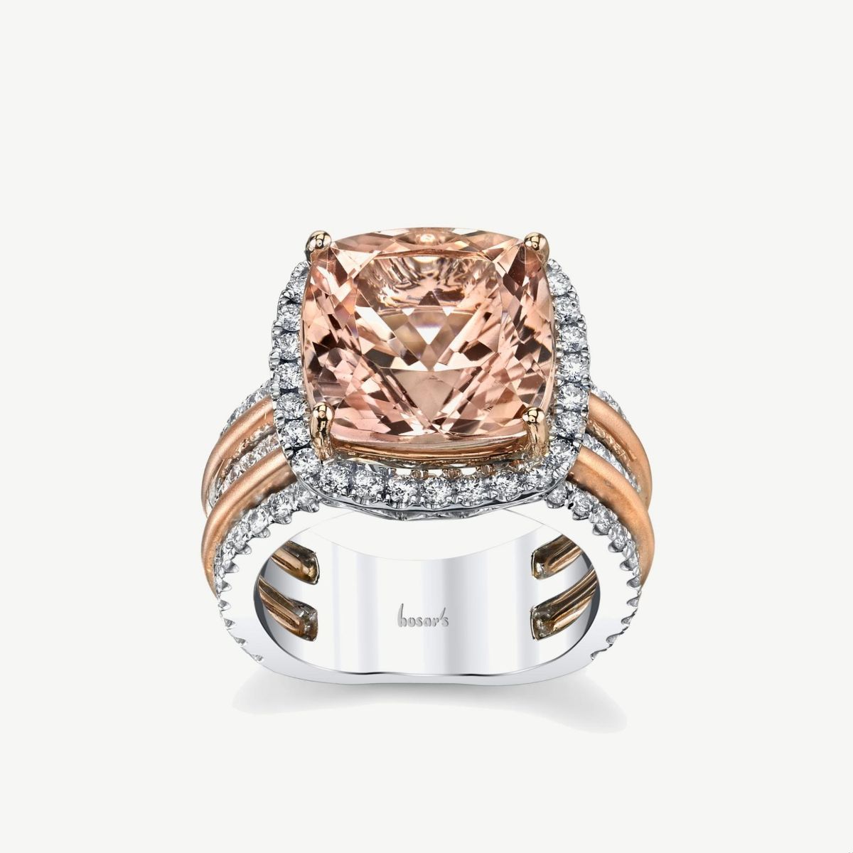 Picture of 14K Rose ad White Gold Morganite Cushion Cut Ring with Halo of Diamonds and Satin Finish Band