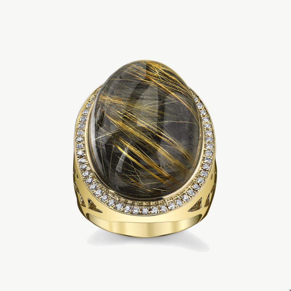 Picture of 14K Yellow Gold One of a Kind Assembled Rutilated Quartz, Hematite, and Diamond Ring