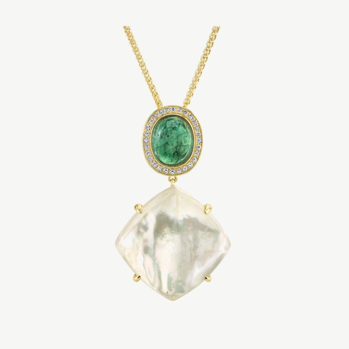 Picture of 14K Yellow Gold Assembled Crystal, Mother of Pearl, Tourmaline, and Diamond Pendant