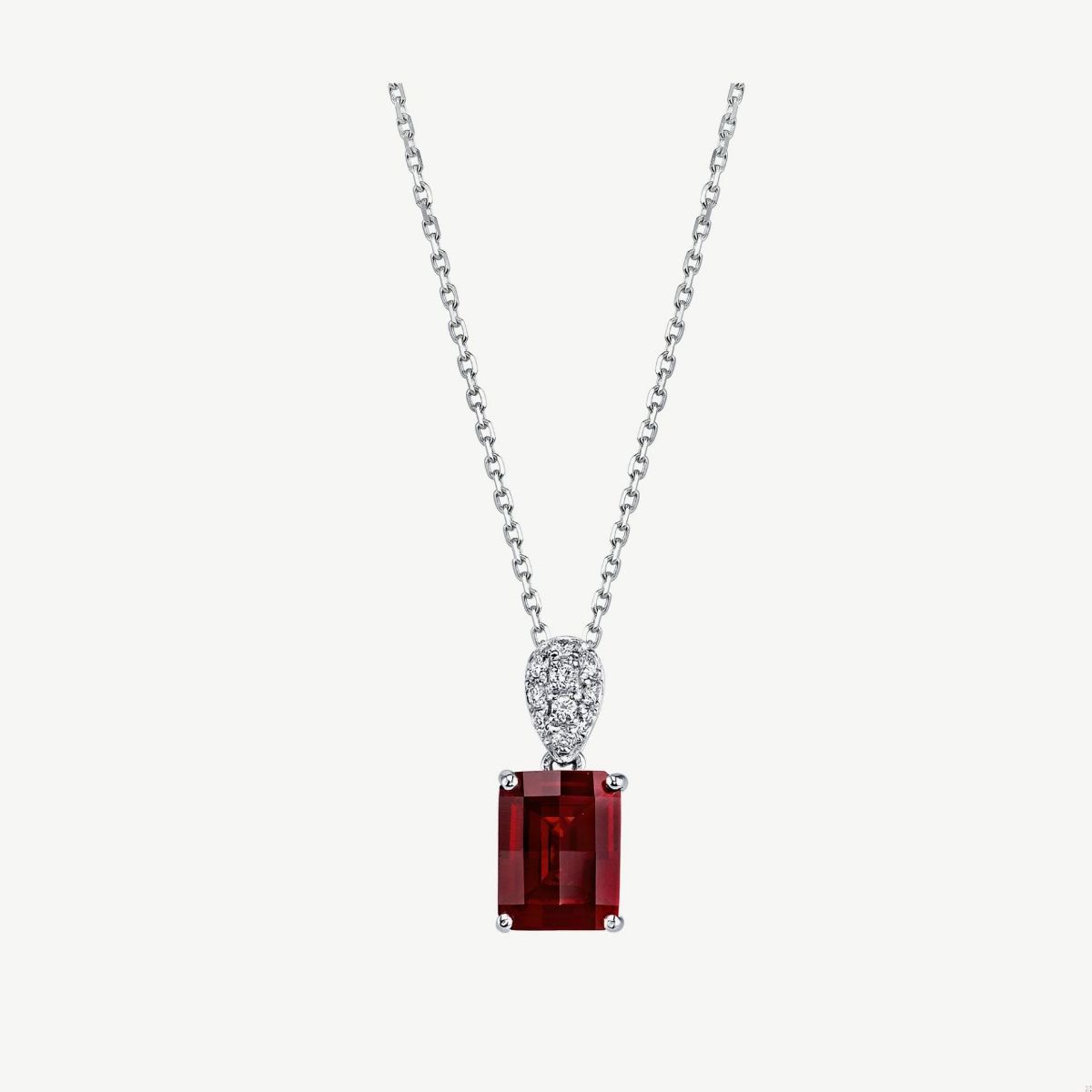 Picture of 14K White Gold Pyrope Garnet Emerald Cut Solitaire Pendant with Pave Bale