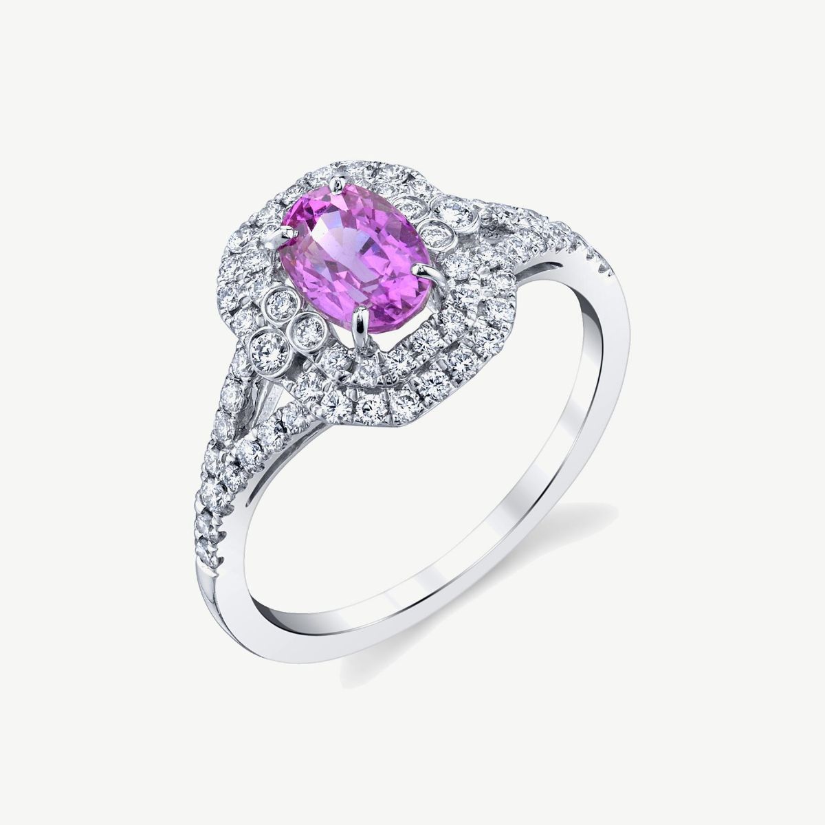 Picture of 14K White Gold Pink Sapphire Halo Ring with Double Cushion and Split Shoulders