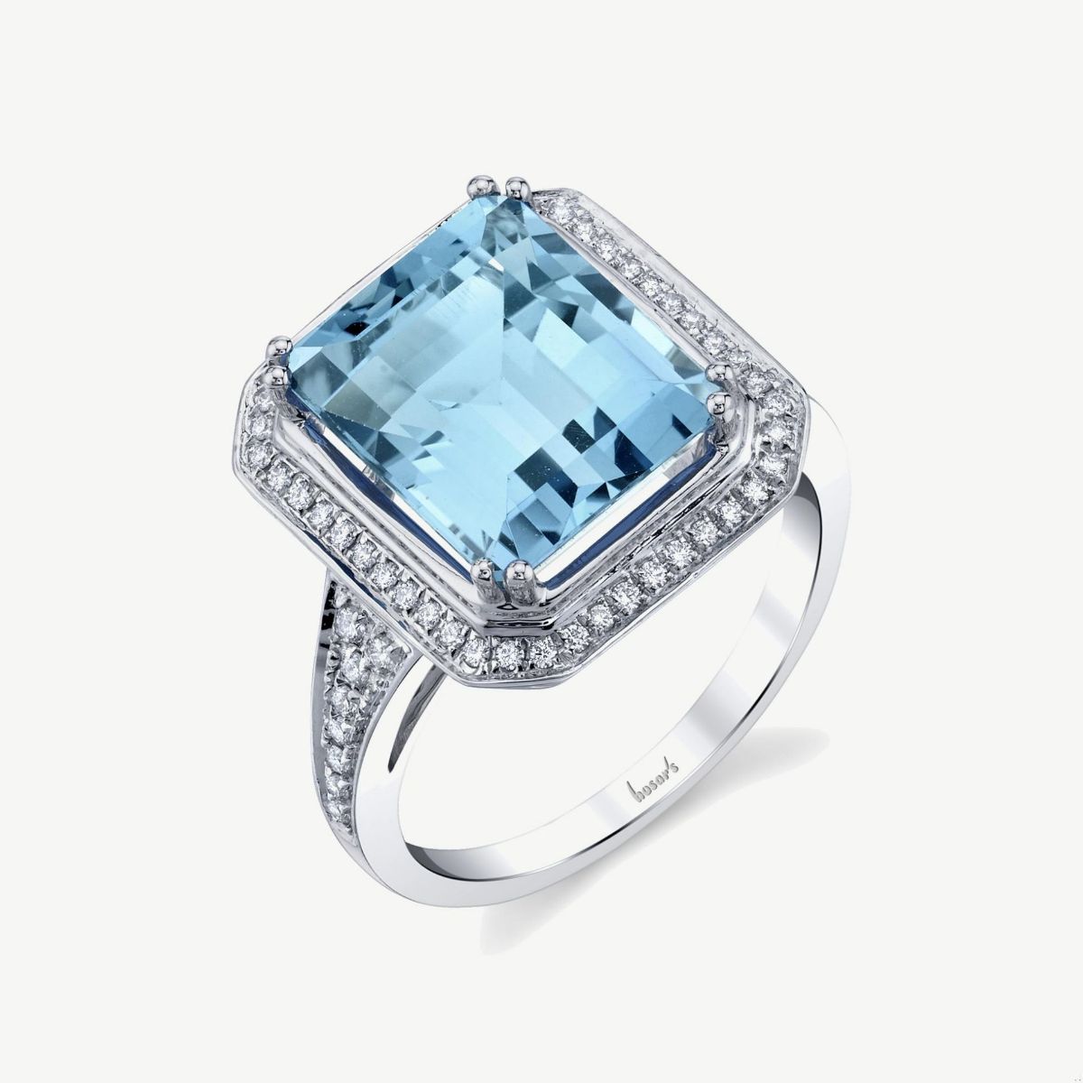 Picture of 14K White Gold Blue Topaz Halo Ring with Emerald Shape and Flared Shoulders