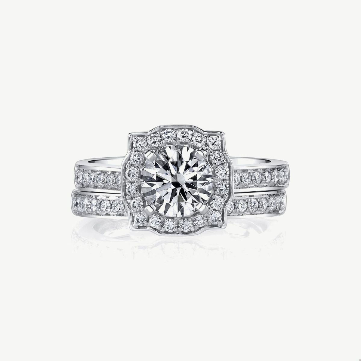 Picture of 14K White Gold Halo Cushion Cut Diamond Ring with Scalloped Edges and Cathedral Shoulders