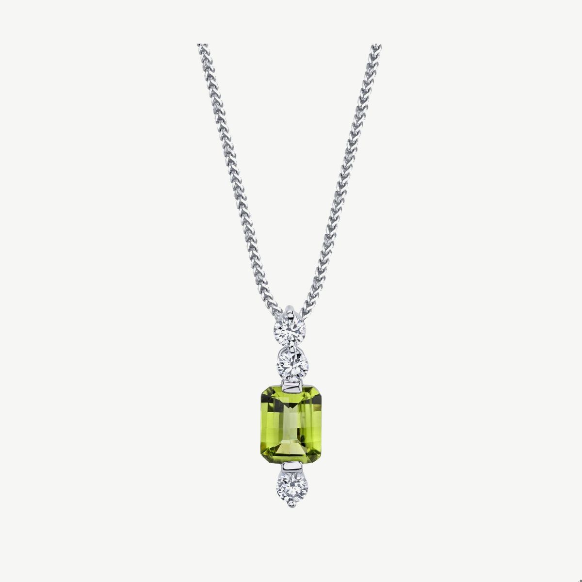 Picture of 14K White Gold Emerald Shape Peridot Pendant with Diamond Accents and Hidden Bale