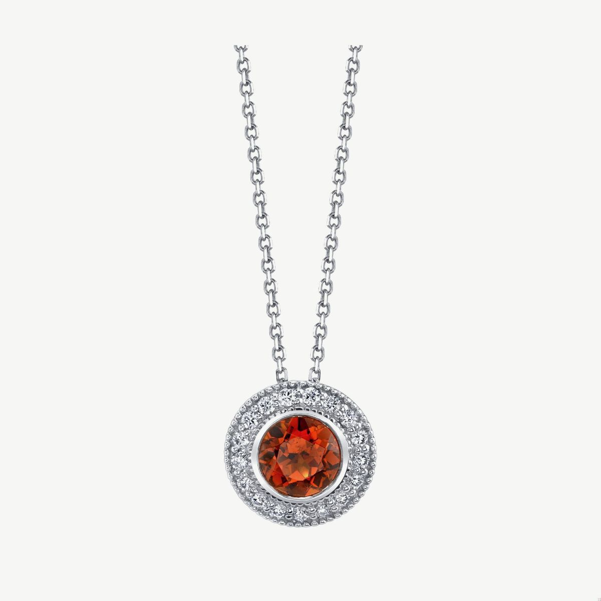 Picture of 14K White Gold Citrine Halo Pendant with Milgrain Edge and Bezel Setting