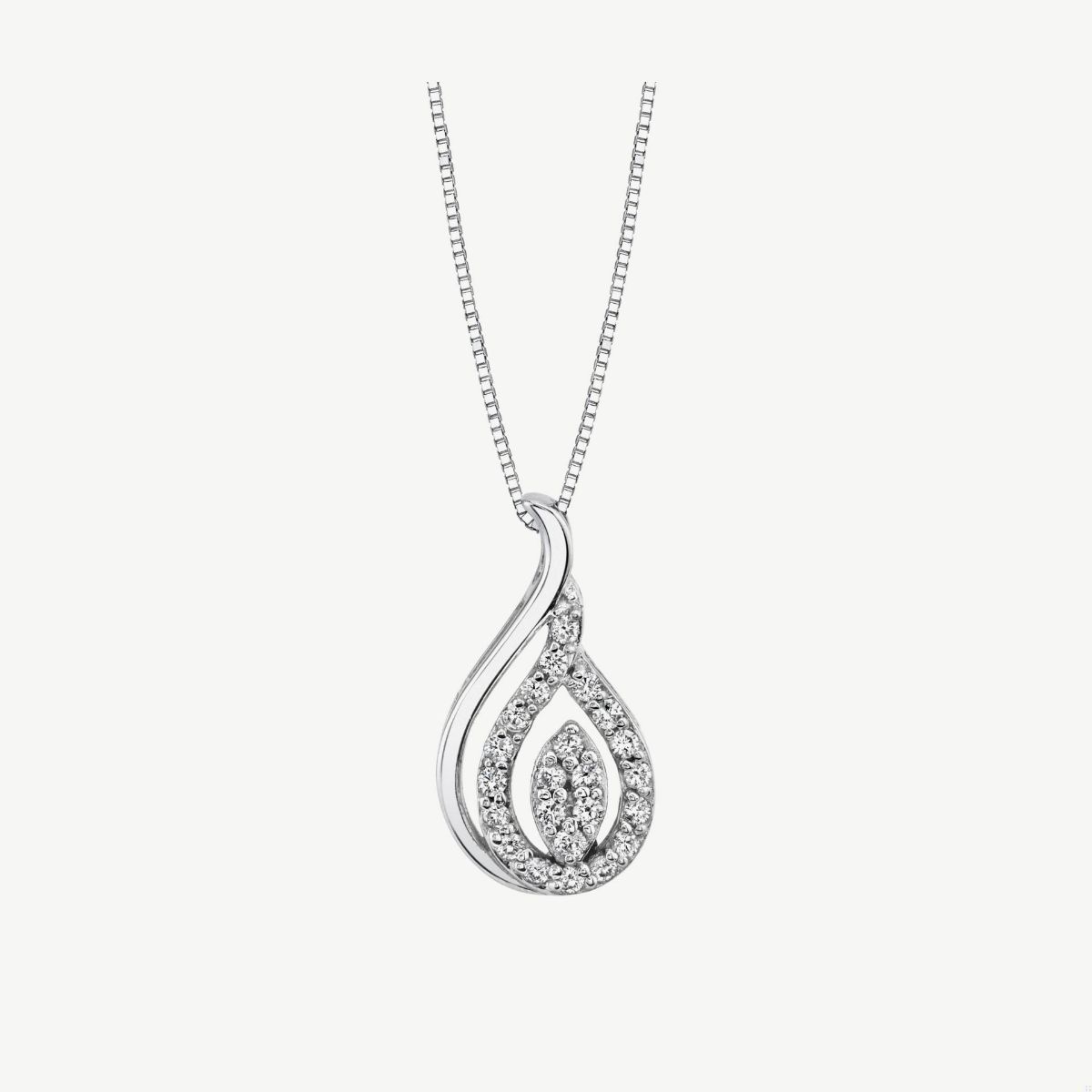 Picture of 14K White Gold Pear Shaped Pendant with Pave Set and Prong Set Diamonds and Polished Swirl Accent