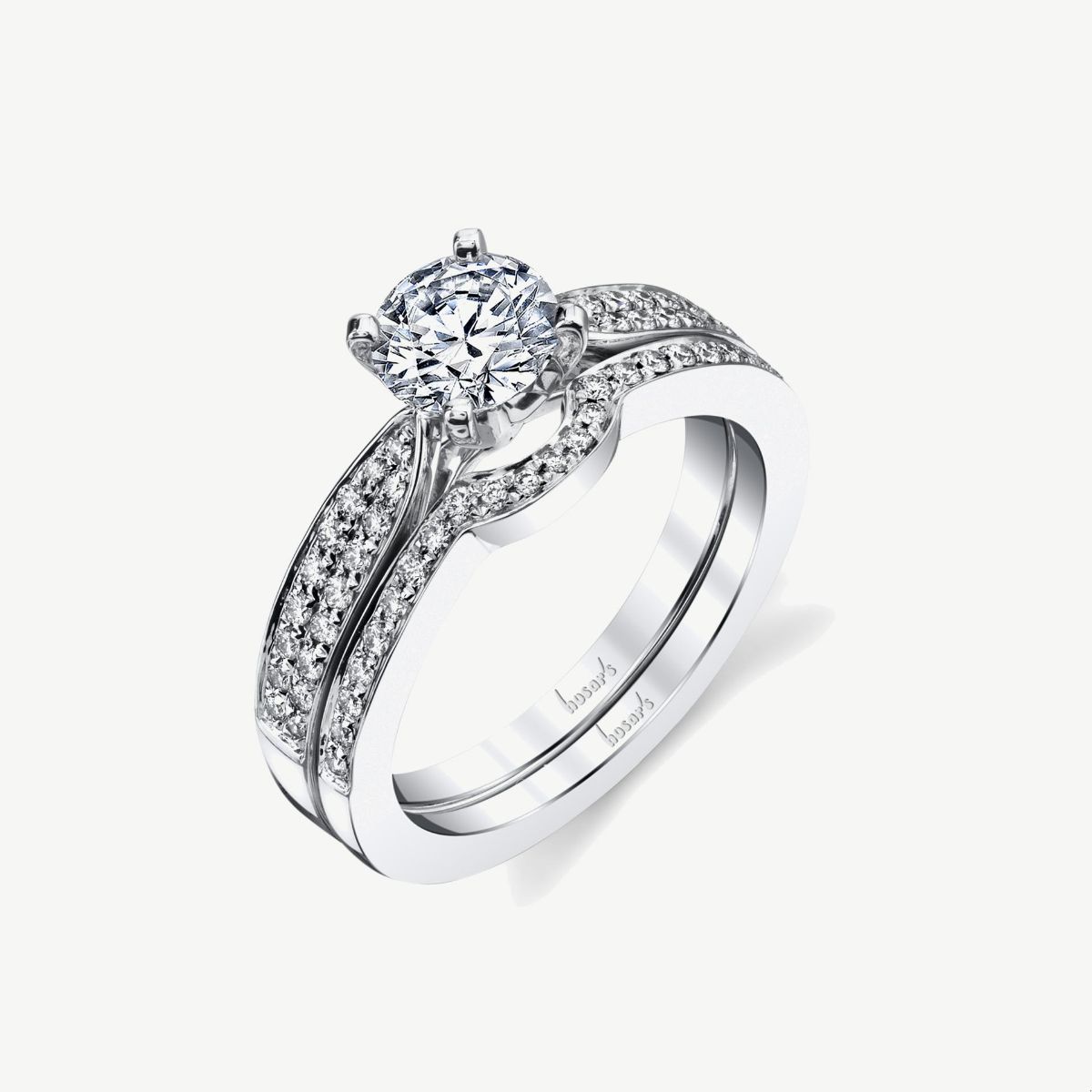 Picture of 14K White Gold Cathedral Ring with Pave Set Round Diamonds and Pinch Shank