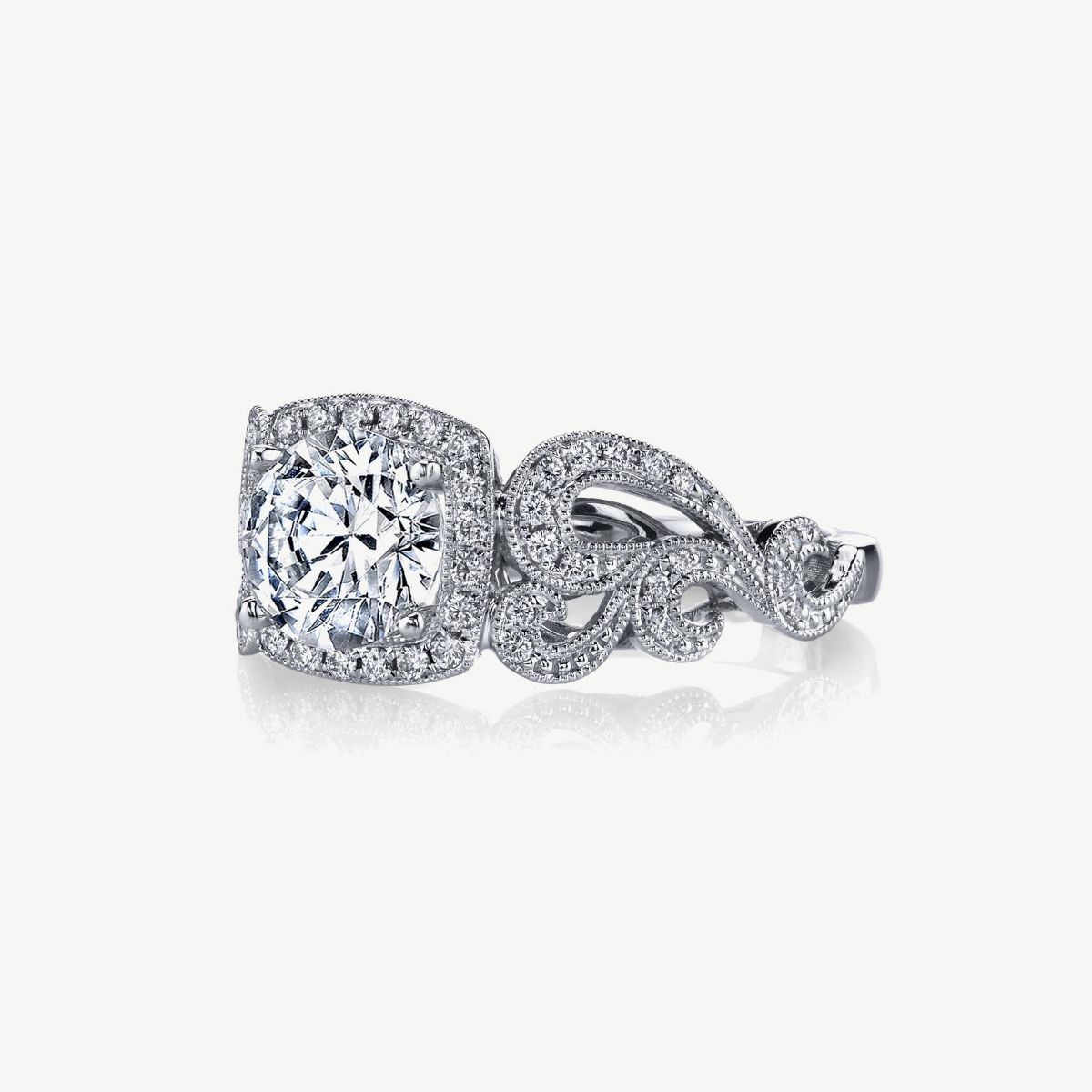 Picture of 14K White Gold Halo Cushion Cut Ring and Filigree Accents