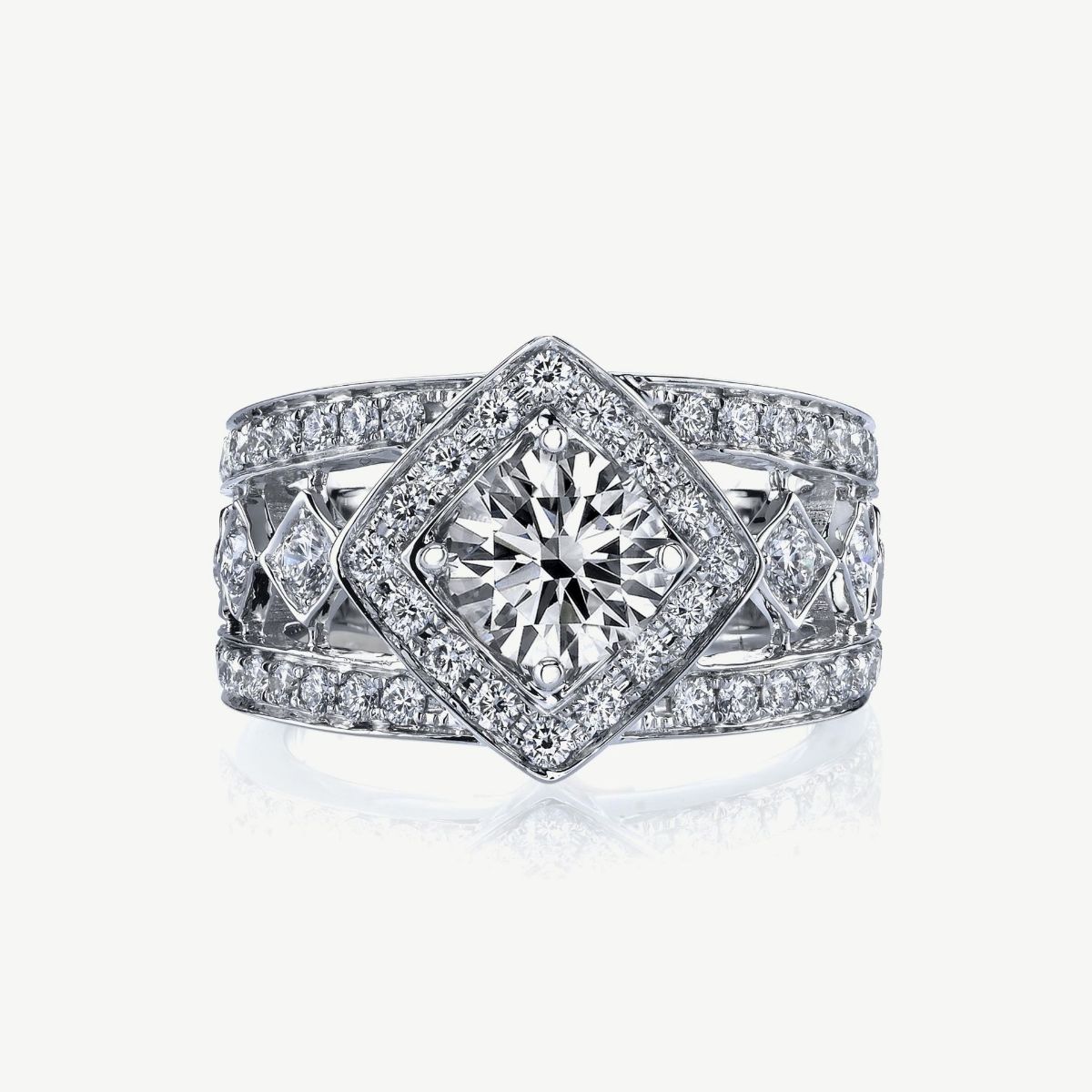 Picture of 14K White Gold Tilted Square Halo Ring with Prong Set Diamonds and Graduated Design