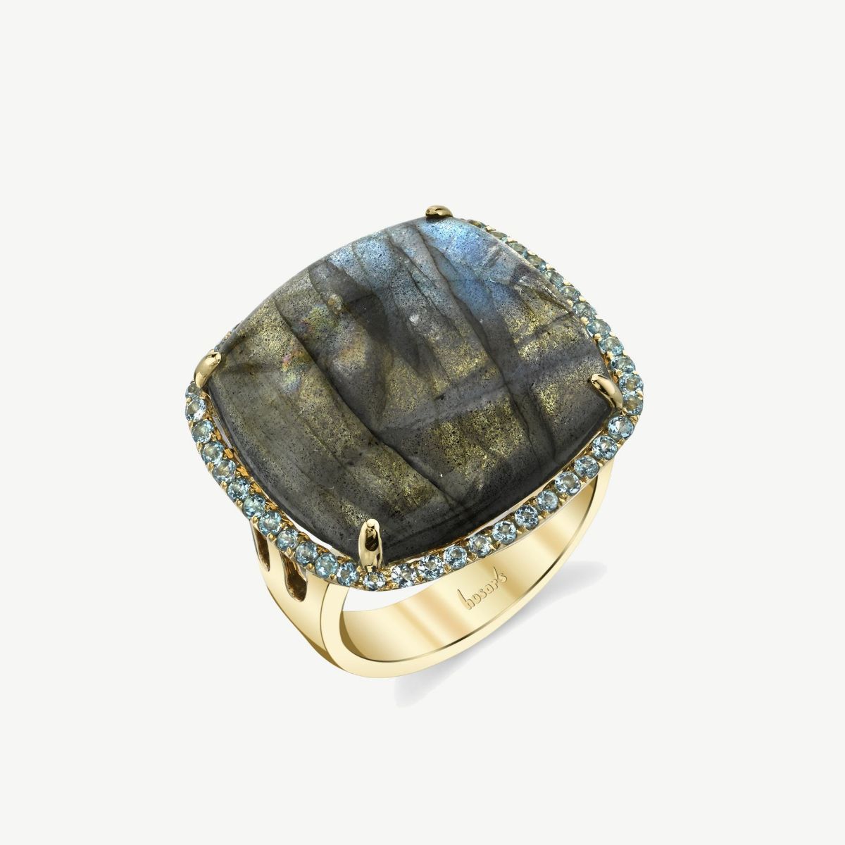 Picture of 14K Yellow Gold Labradorite and Blue Topaz Halo Ring