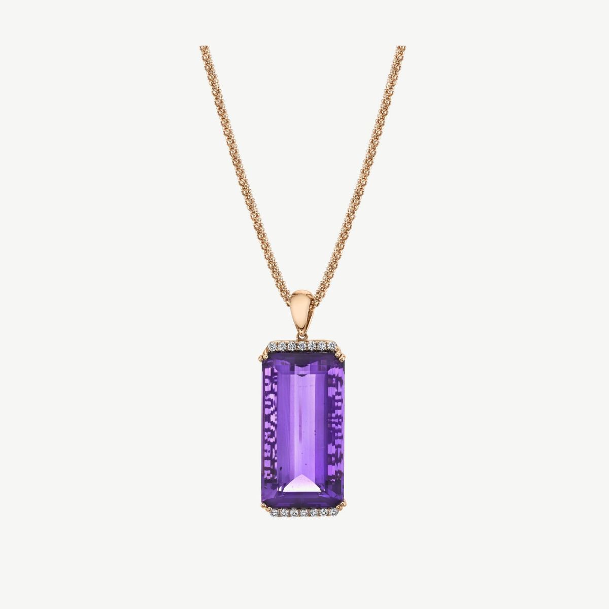 Picture of 14K Rose Gold One of a Kind Amethyst Emerald Cut Pendant with Horizontal Prong Set Bars