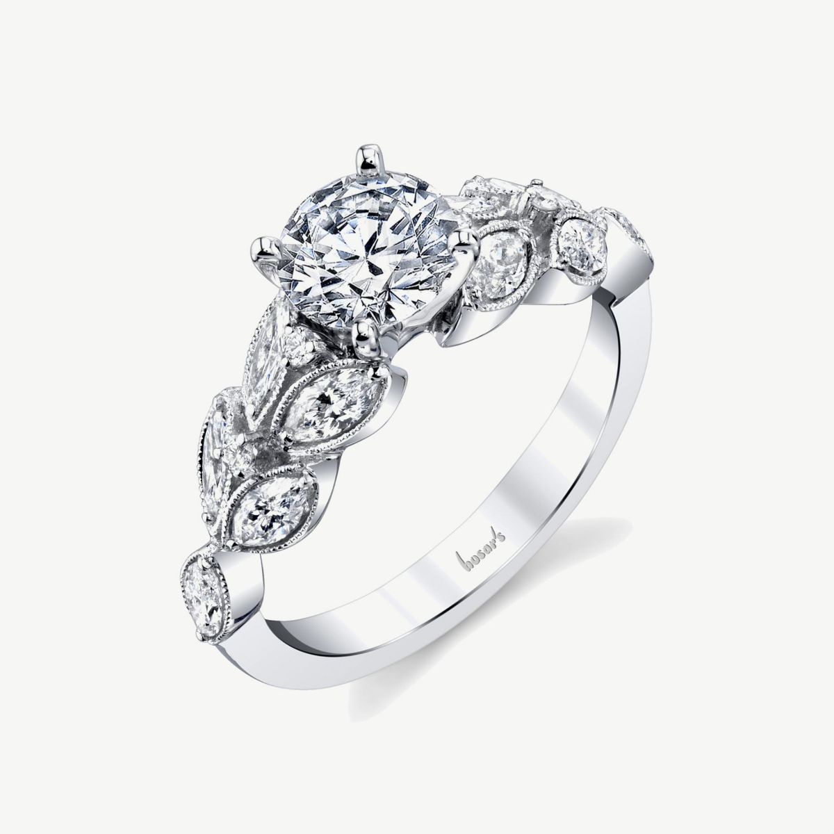 Picture of 14K White Gold Prong Set Marquise and Milgrain Cathedral Ring