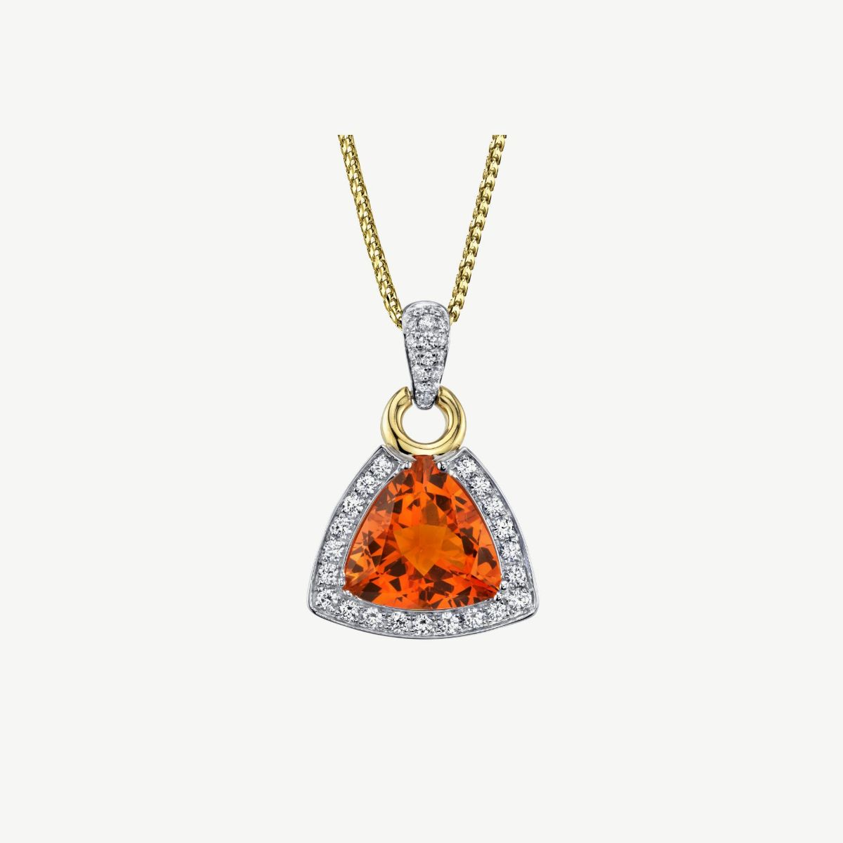 Picture of 14K White Gold Fire Opal Trillion Cut Pendant with Prong Set Halo and Pave Set Accents