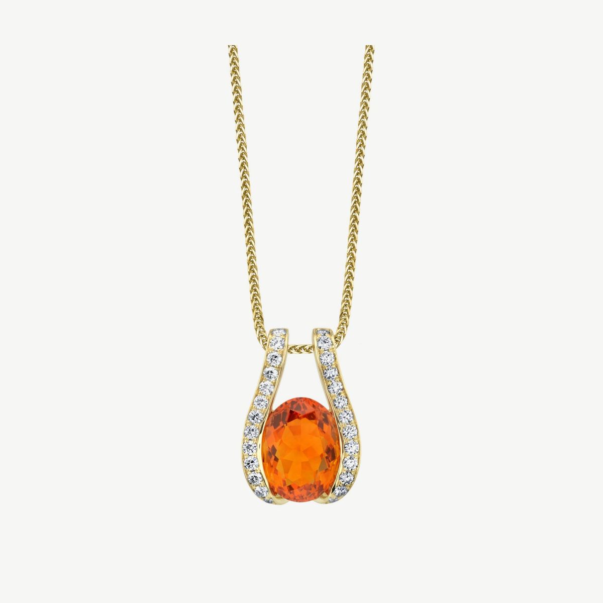 Picture of 14K White Gold Fire Opal Oval Pendant with Channel Set Gemstone, Curved Rows of Prong Set Diamonds, and Filigree Accents