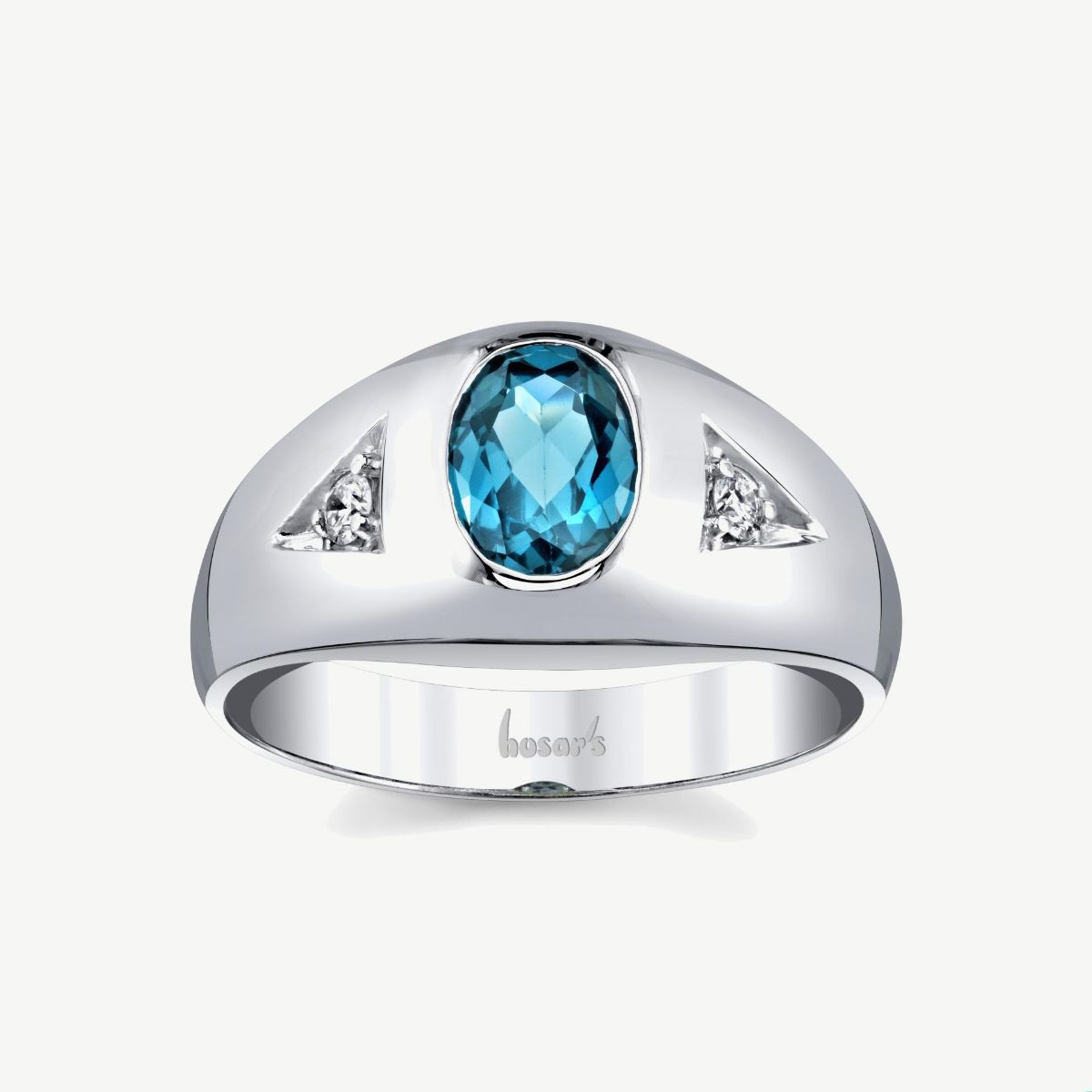 Picture of 14K White Gold Oval Blue Topaz and Diamond Signet Ring