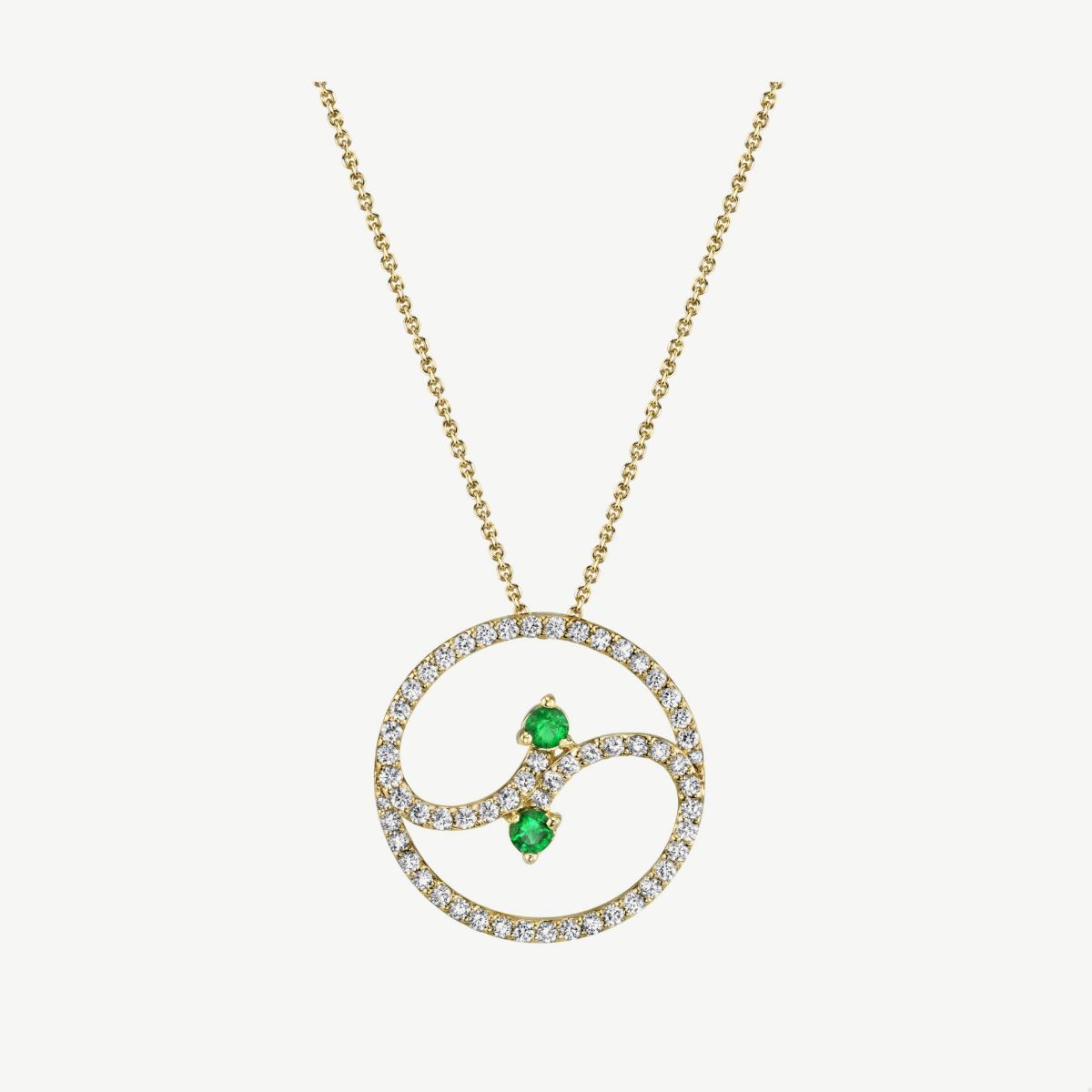 Picture of 14K Gold Emerald Circle Pendant with Prong Set Rounds and Swirl Center