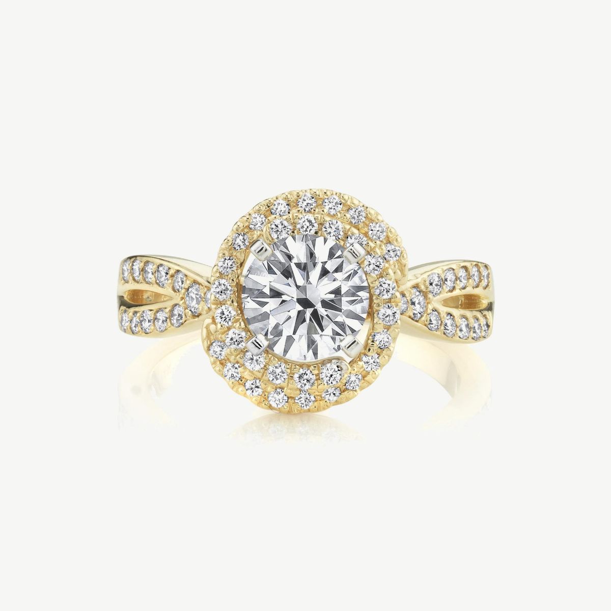 Picture of 14K Gold Double Halo Diamond Ring with Split Shoulders and Pinch Shank