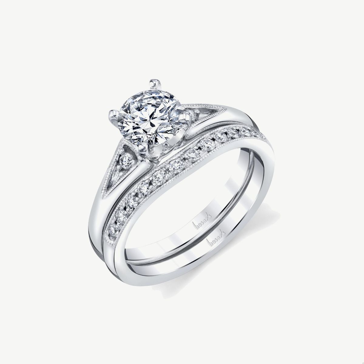 Picture of 14K White Gold Milgrained Diamond Cathedral Engagement Ring