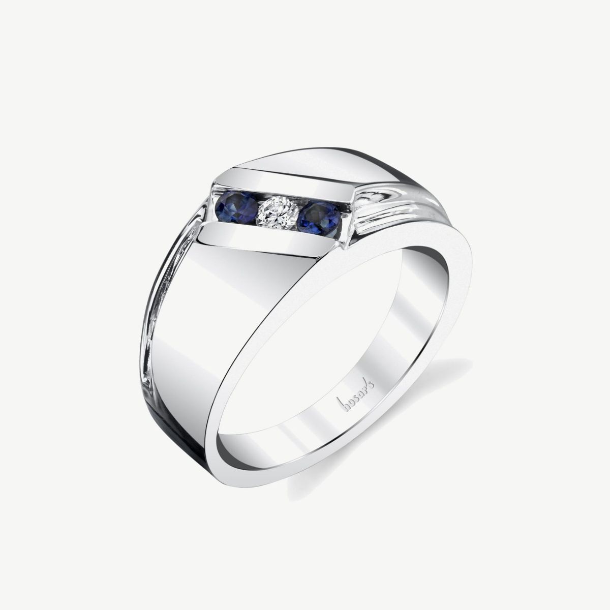 Picture of 14K White Gold Men's Signet Ring with Blue Sapphire Accents