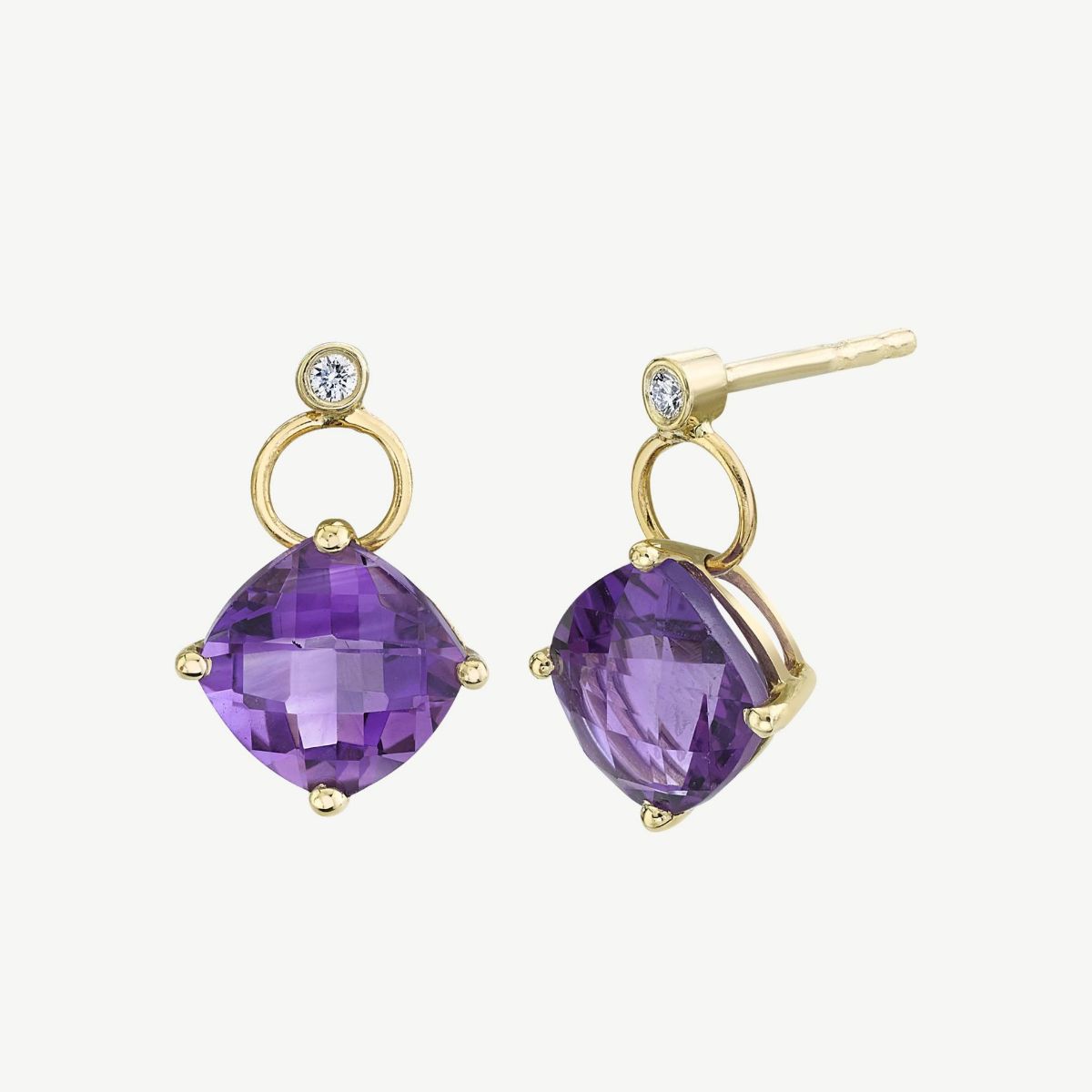 Picture of 14K Yellow Gold Cushion Cut Amethyst and Diamond Dangle Earrings