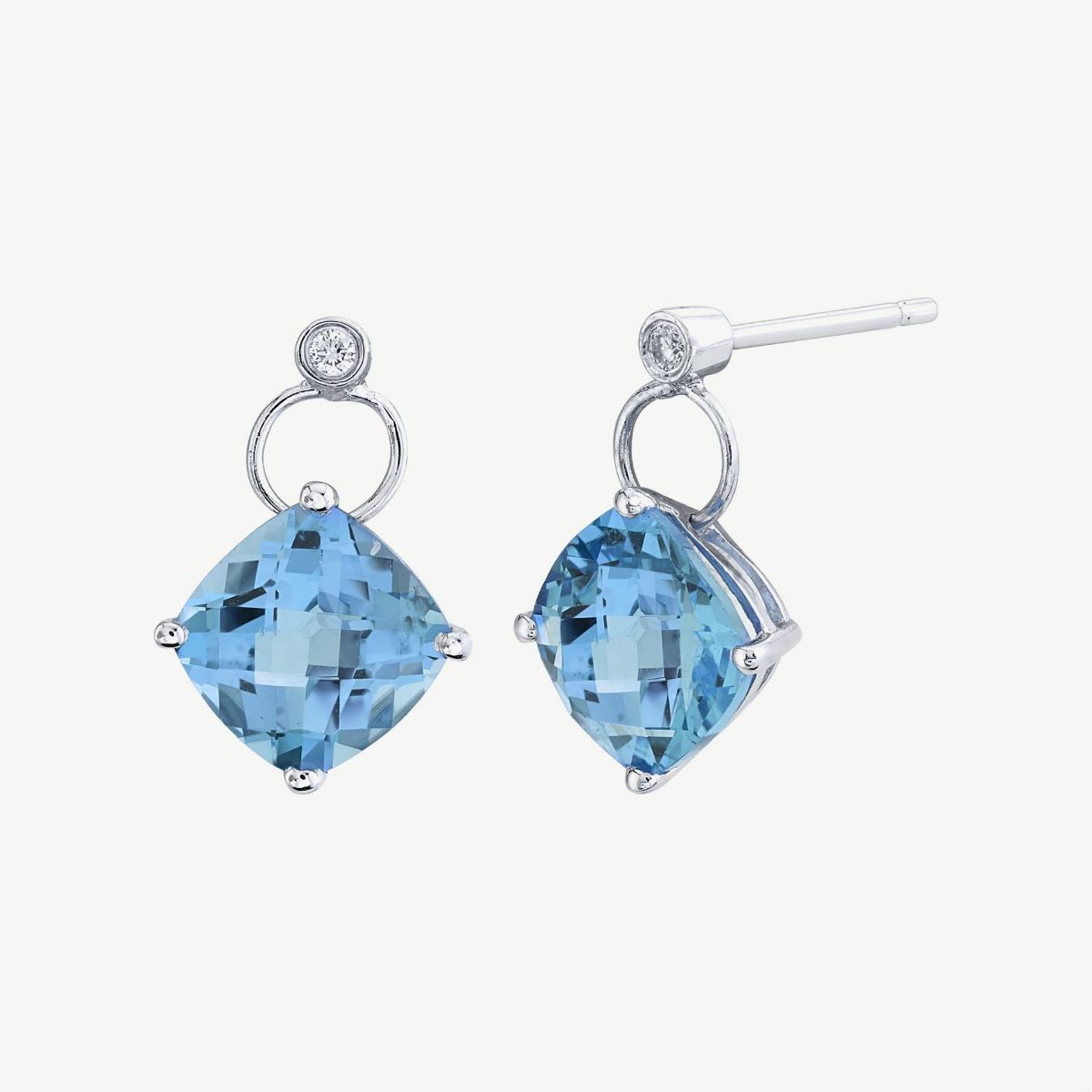 Picture of 14K White Gold Cushion Cut Blue Topaz and Diamond Dangle Earrings