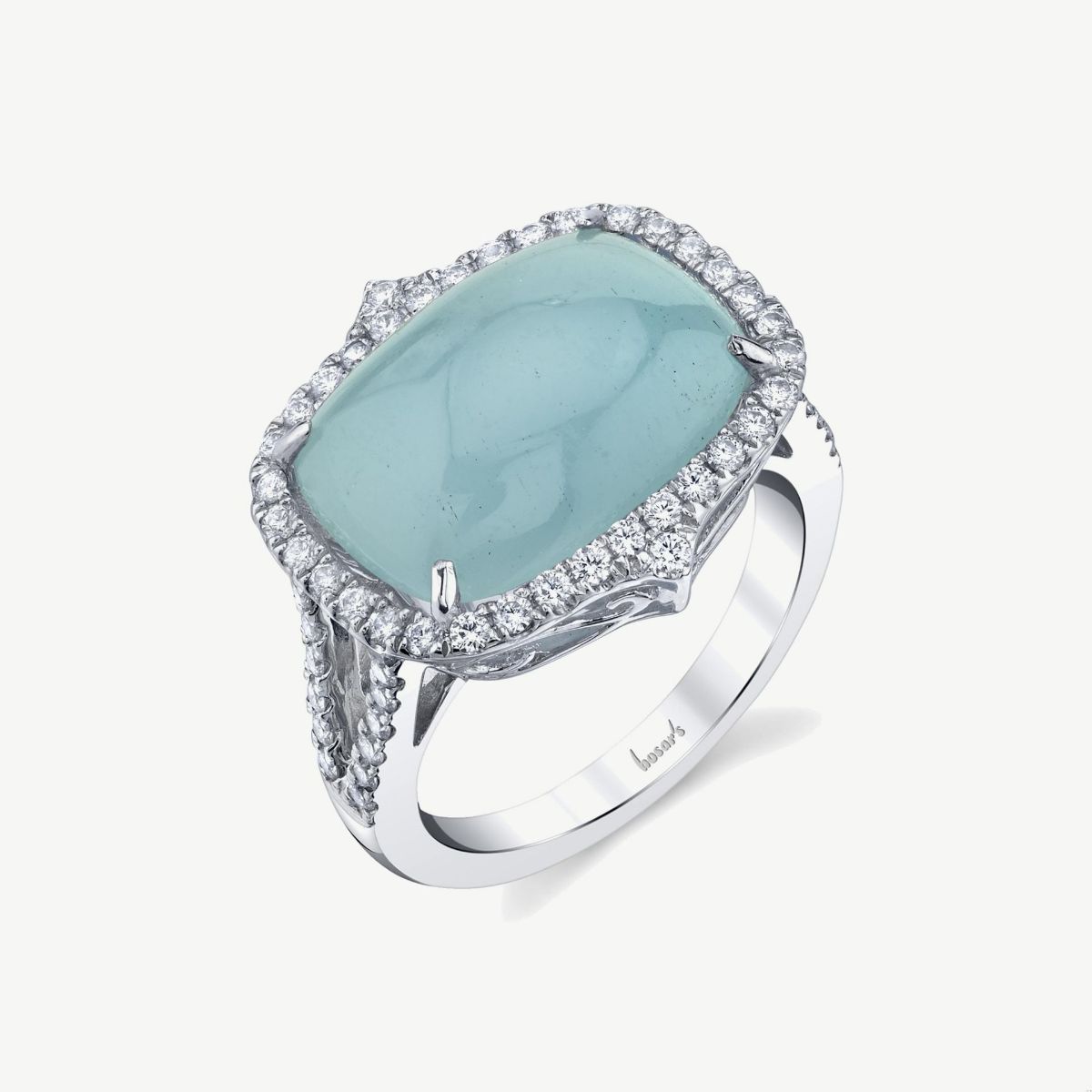 Picture of 14K Gold  Aquamarine Halo Ring with Cushion Cut Cabochon and Split Shank