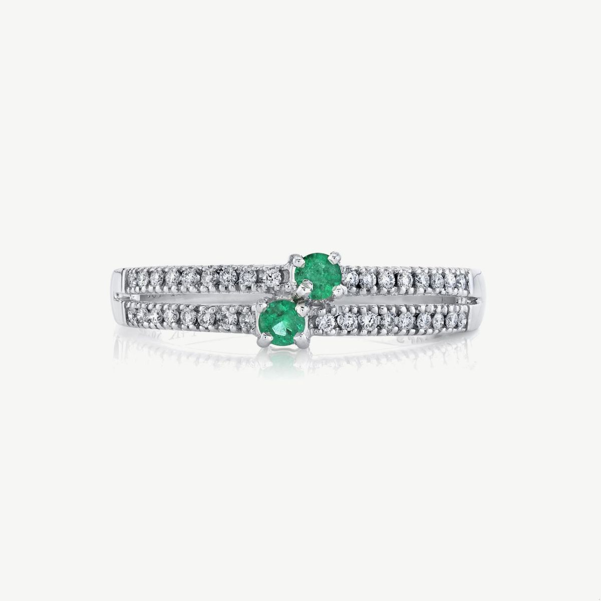 Picture of 14K Gold Emerald Two Stone Ring with Split Shank and Prong Set Rounds