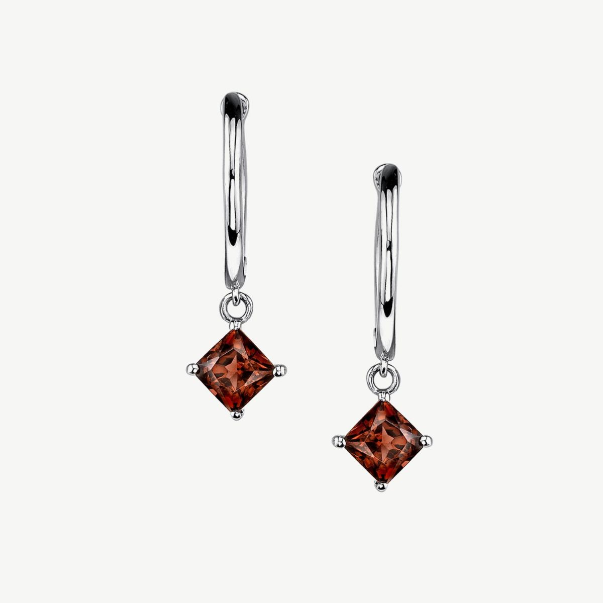 Picture of 14K Gold Pyrope Garnet Dangle Earrings with 4 Prong Princess Basket Head and Hinged Hoops