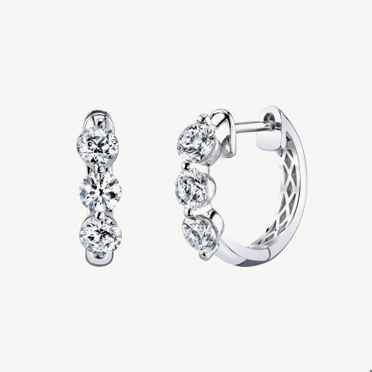 Picture of 14K Gold Three-Stone Diamond Hoop Earrings with Shared Prong Set Rounds