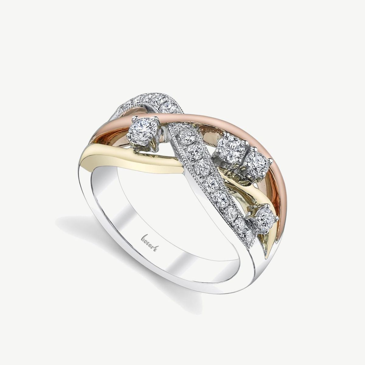 Picture of 14K Tri-Color Gold Scattered Diamond Weave Ring