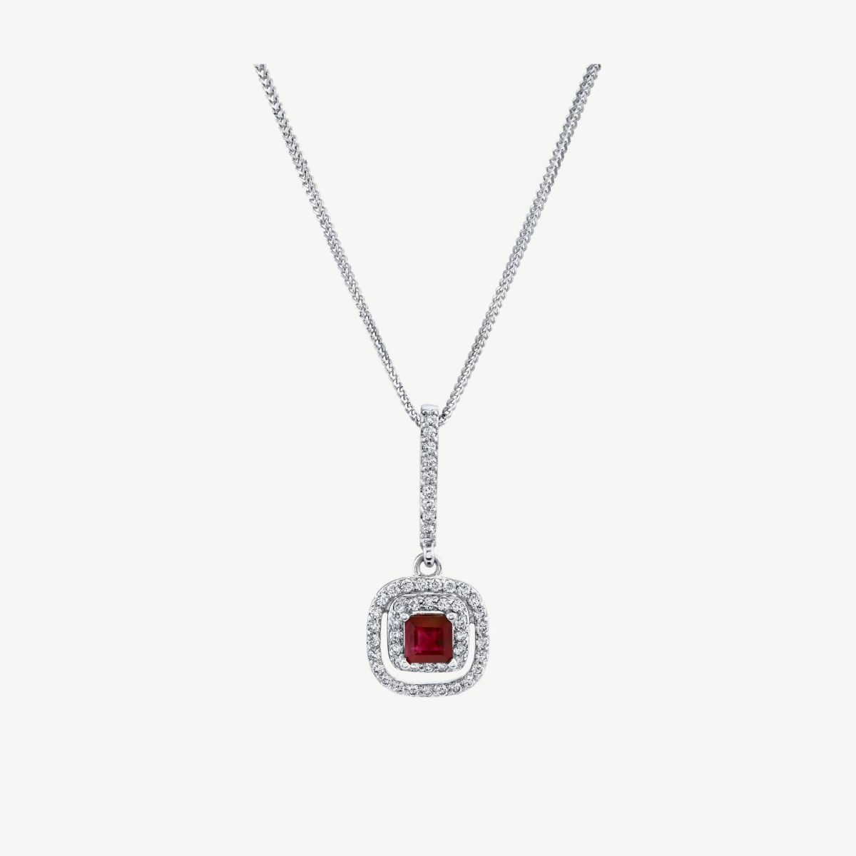 Picture of 14K Gold Ruby Halo Pendant with Cushion Shape and Princess Cut Head