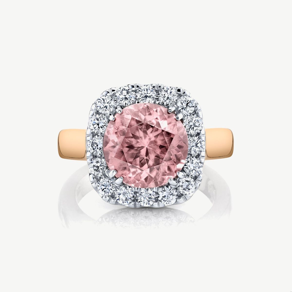 Picture of 14K Rose Gold Rose Zircon Cushion Cut Ring with Halo and Wide Band