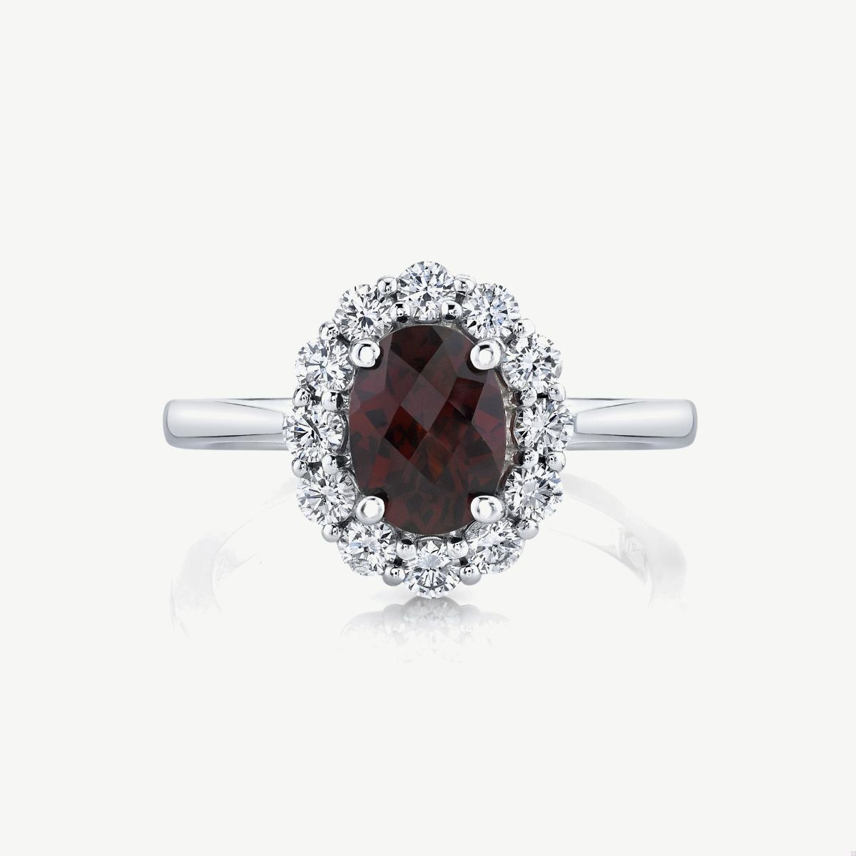 Picture of 14K Gold Pyrope Garnet Halo Ring with Cathedral Shank and Prong Set Rounds