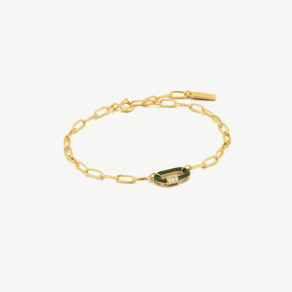 Picture of 14K Yellow Gold Plated Sterling Silver Forest Green Enamel Carabiner Bracelet