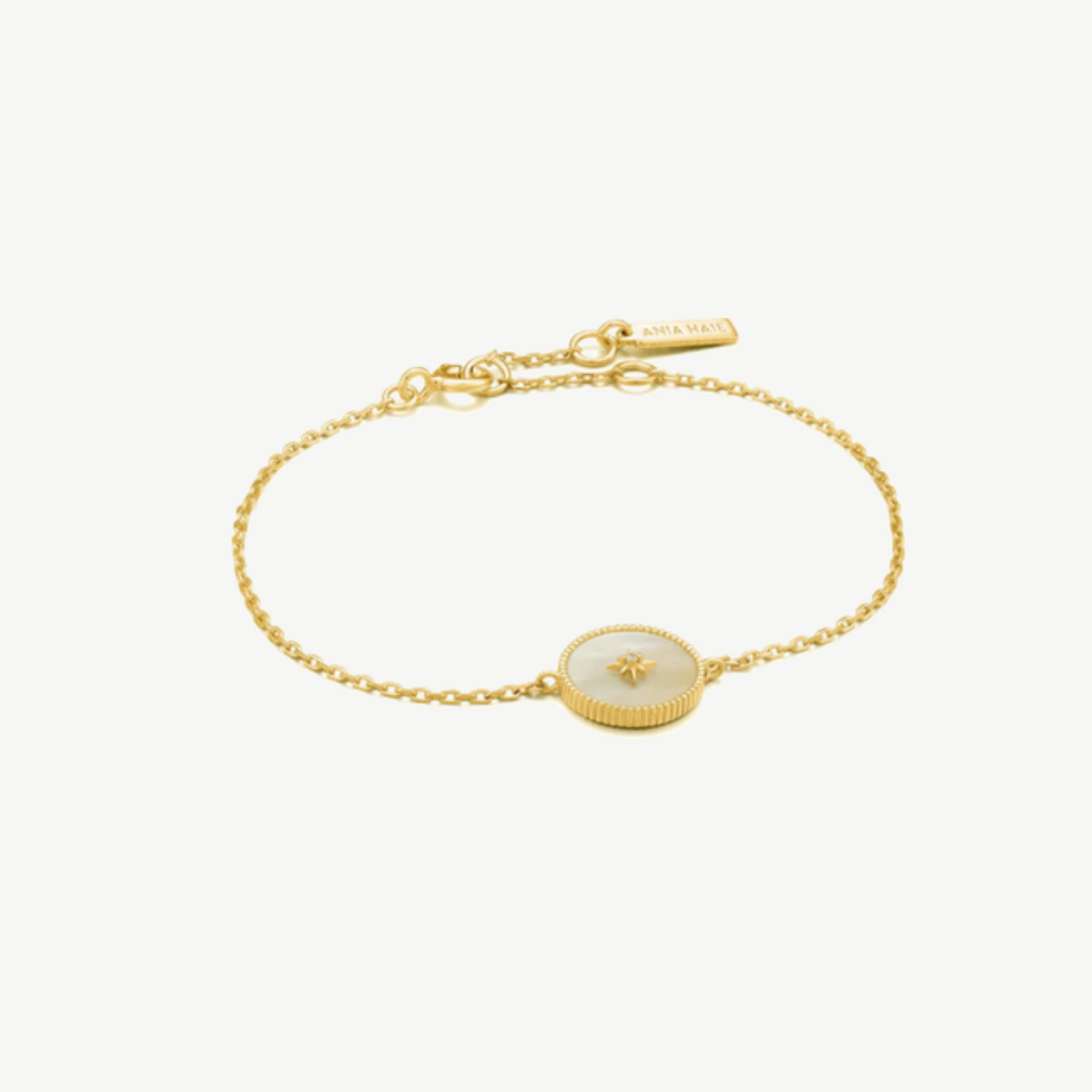 Picture of 14K Yellow Gold Plated Sterling Silver Compass Emblem with Mother of Pearl Charm on Figaro Chain Bracelet