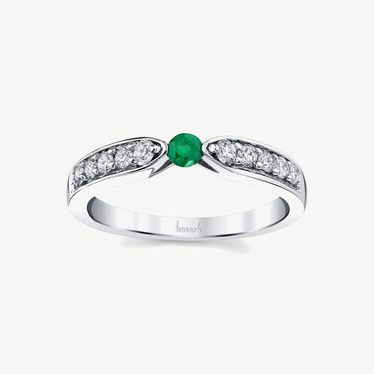 Picture of 14K Gold Emerald Ring with Pinch Shank and Graduated Prong Set Rounds