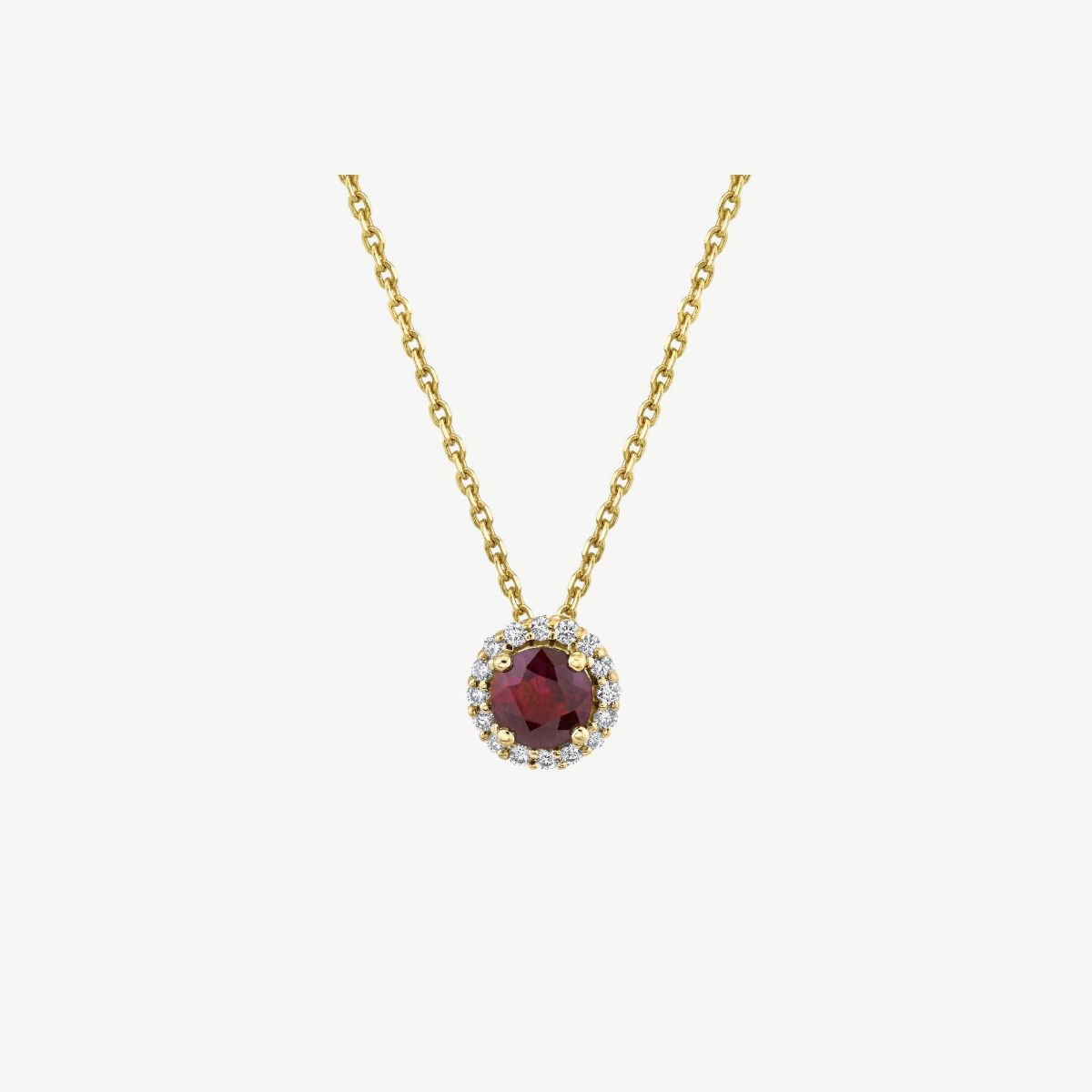 Picture of 14K Gold Ruby Halo Necklace with Round Cast Head and Hidden Bale