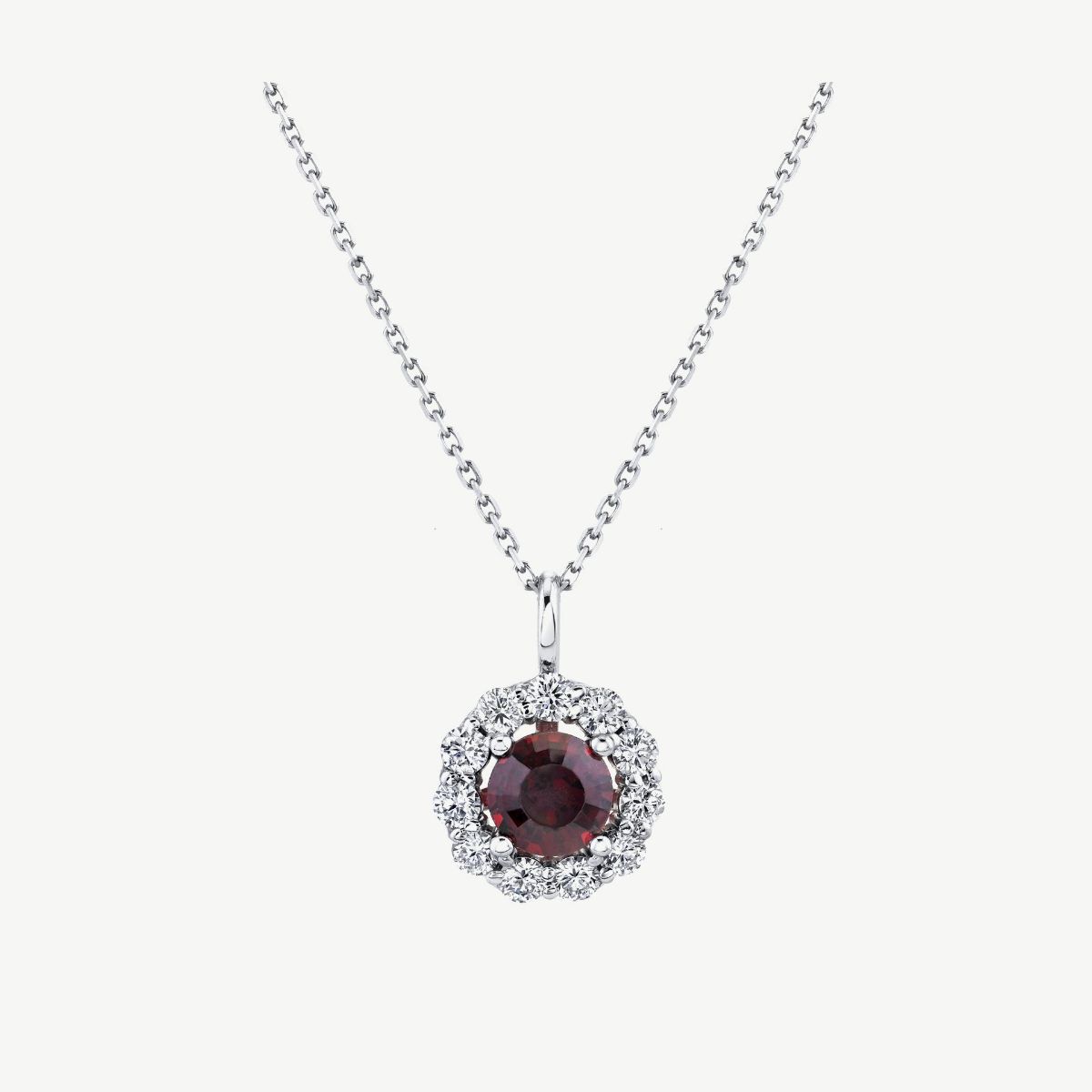 Picture of 14K Gold Rhodalite Garnet Halo Necklace with Round Cast Head and Straight Bale